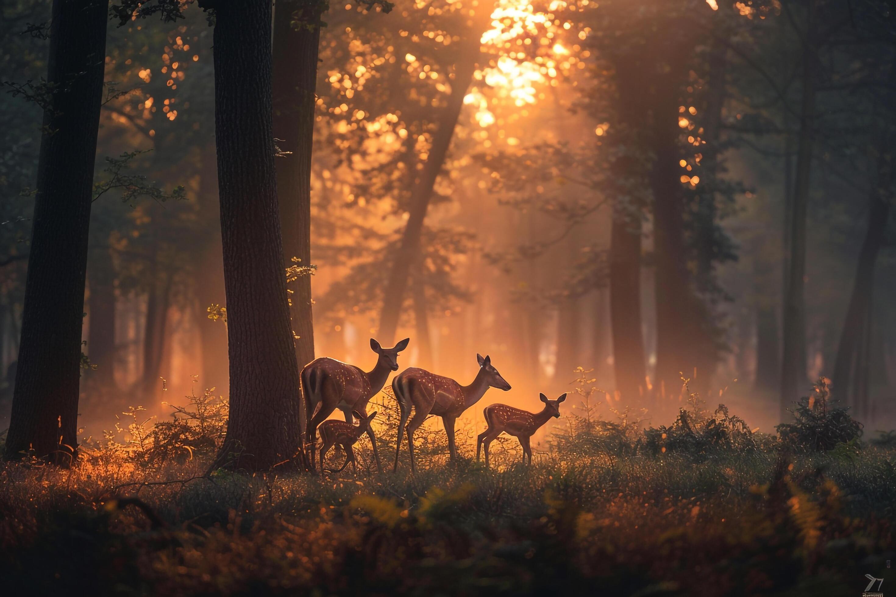 family of deer grazing in a forest clearing at dawn nature background Stock Free