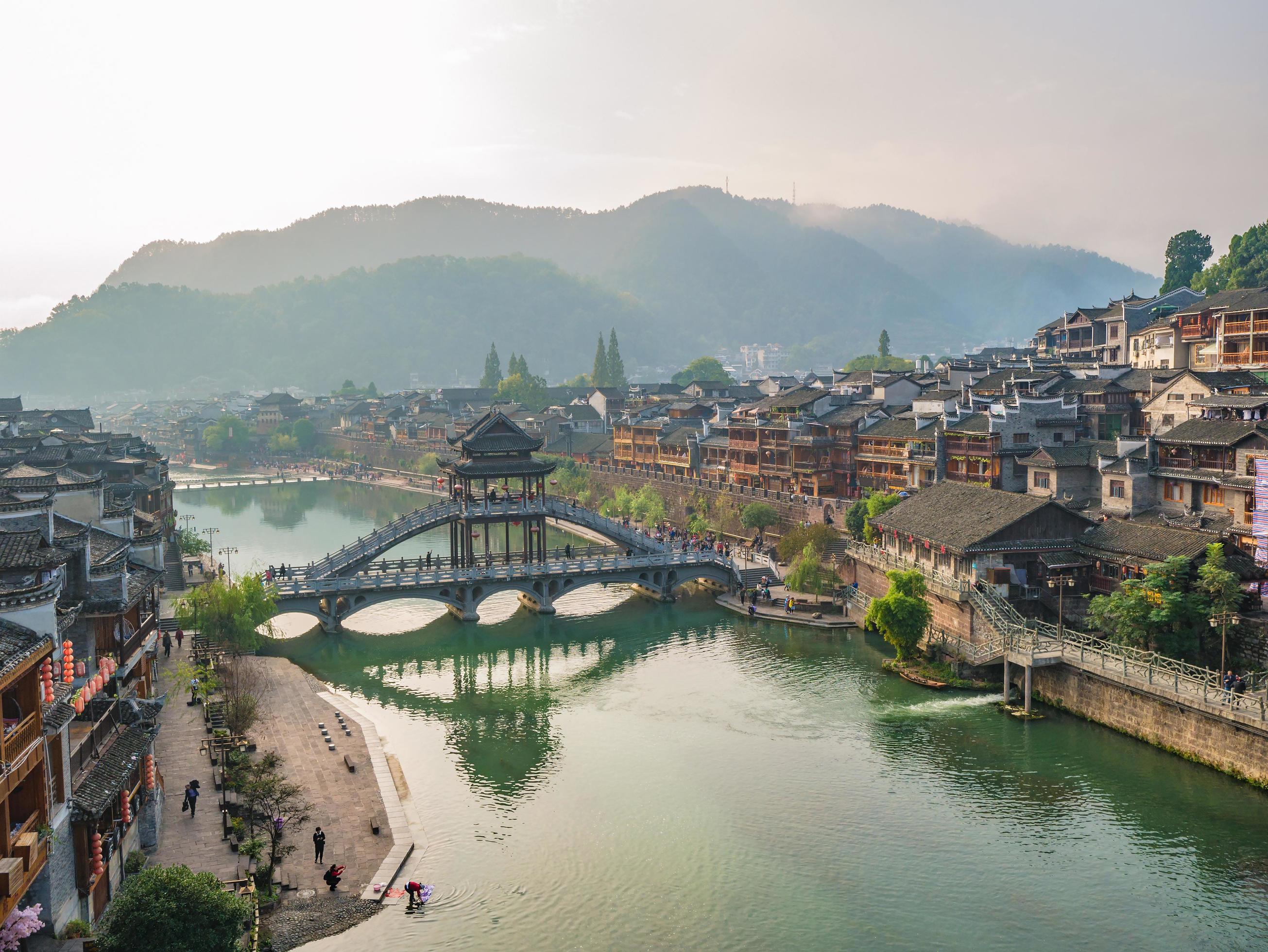 Scenery view in the morning of fenghuang old town .phoenix ancient town or Fenghuang County is a county of Hunan Province, China Stock Free