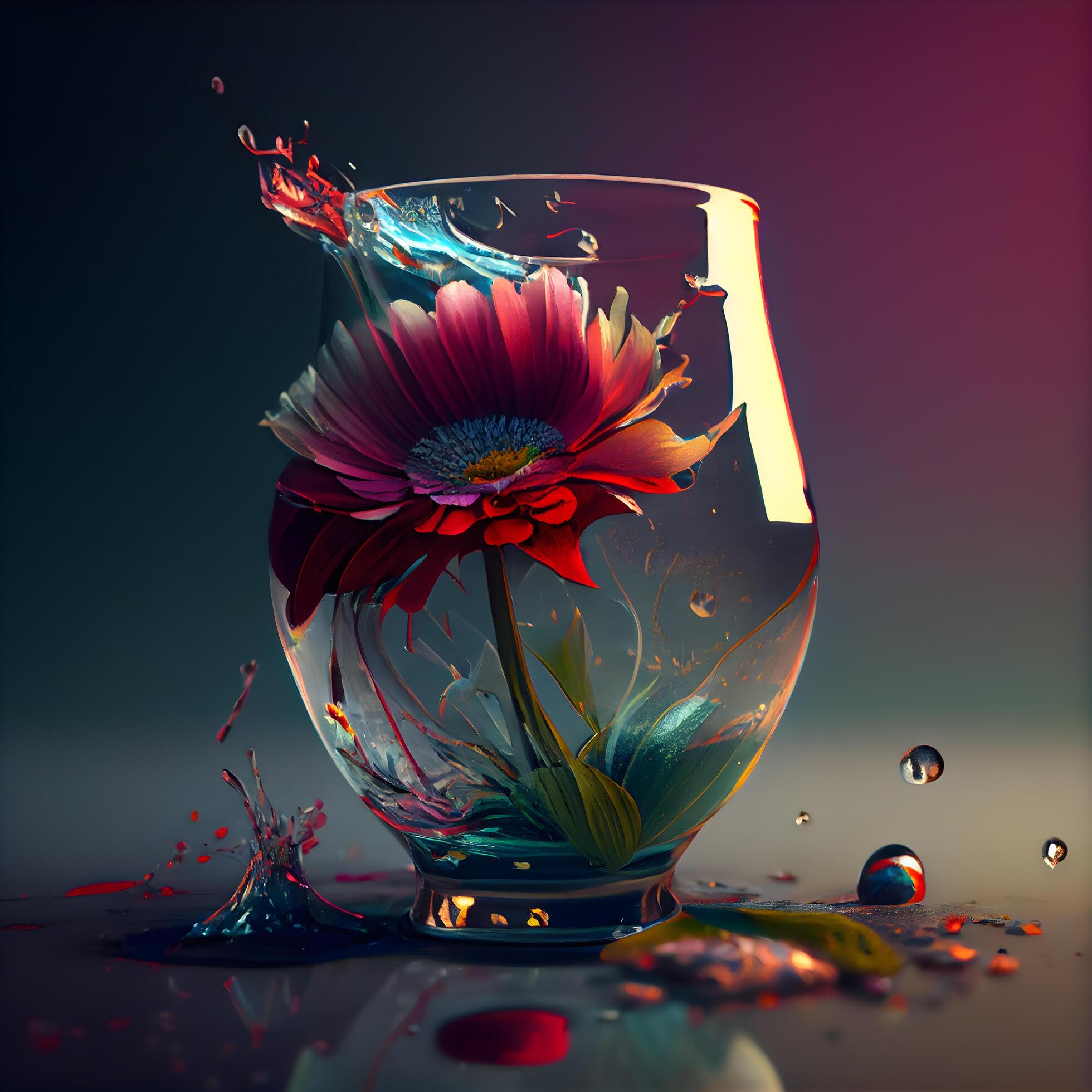 Colorful flower in a glass vase on a dark background., Image Stock Free