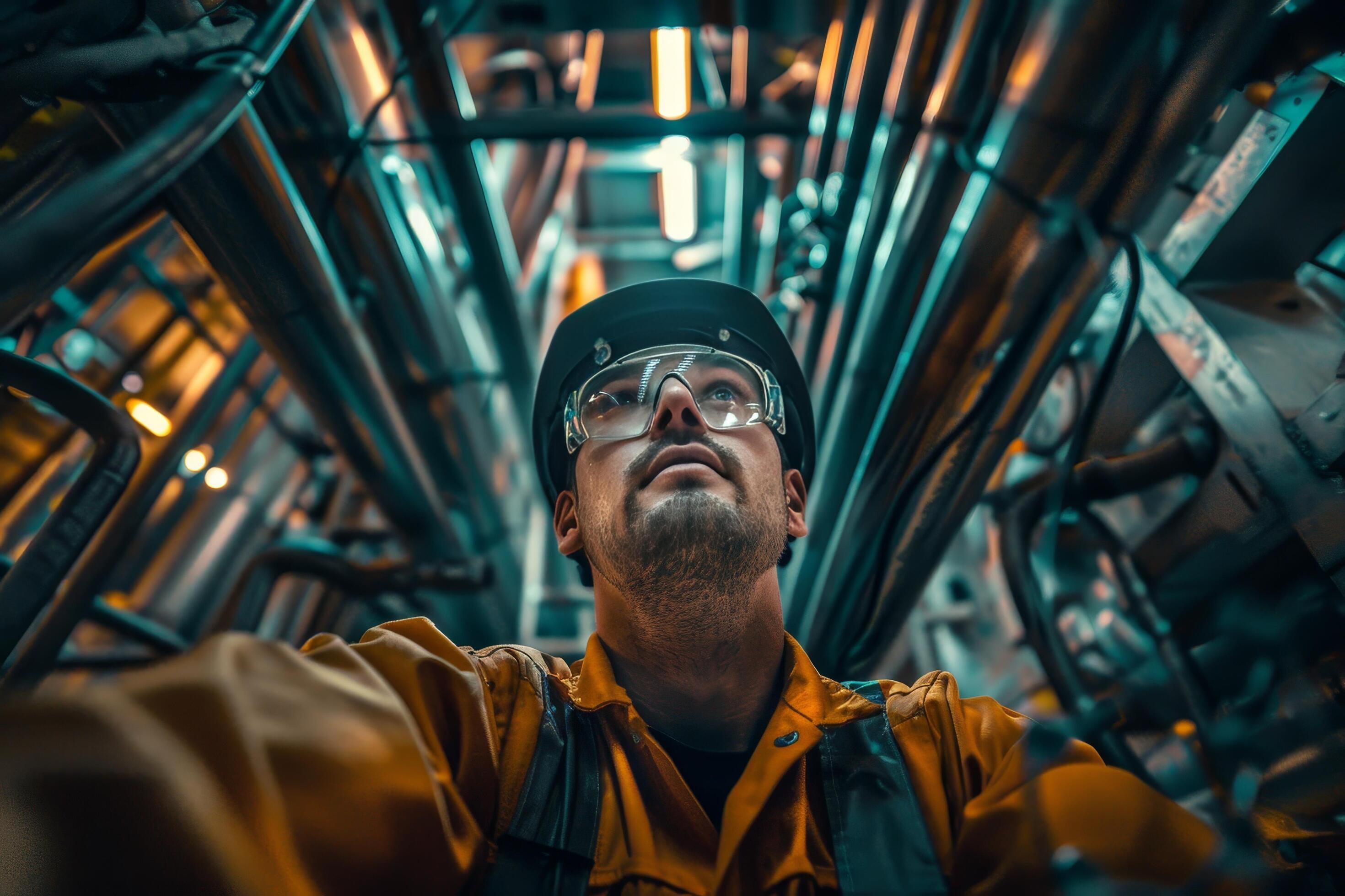 A man in a yellow jacket is looking up at a pipe Stock Free