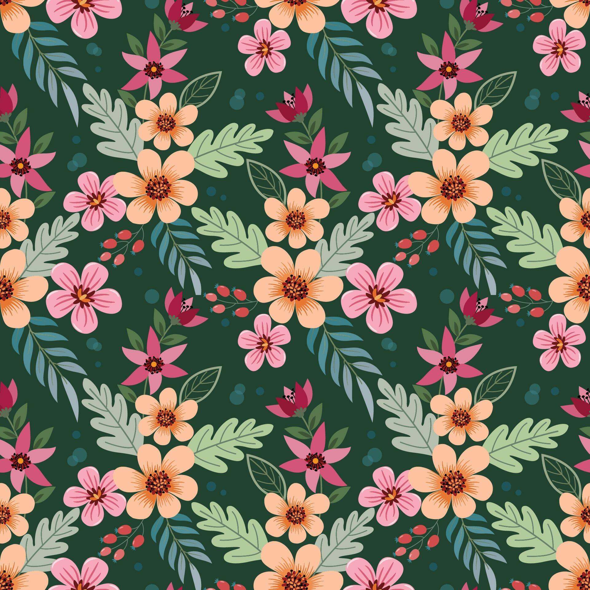 Beautiful blooming flowers design on green color background seamless pattern. Stock Free