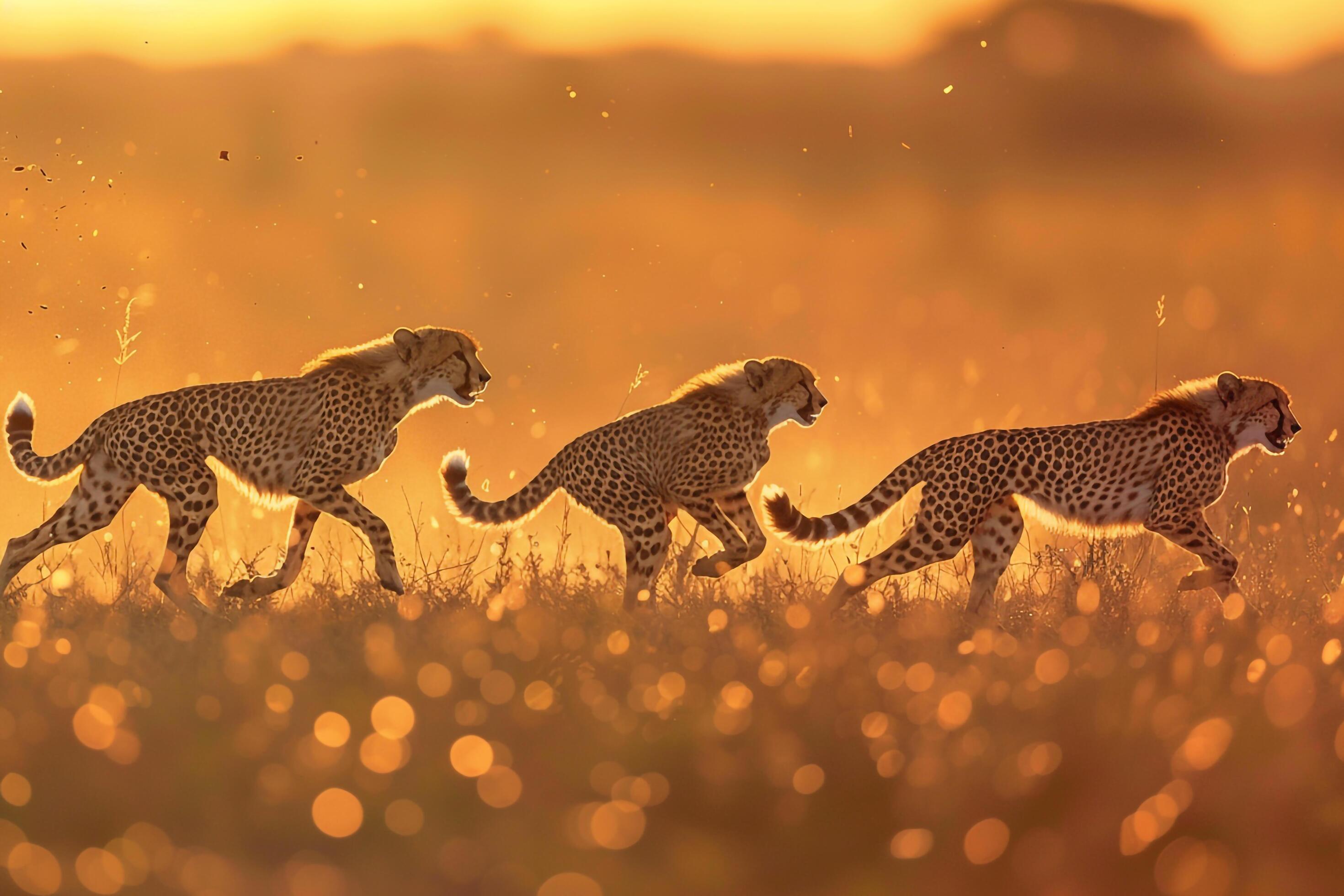 Family of Cheetahs Sprinting Across the Savannah During Golden Hour Background Stock Free