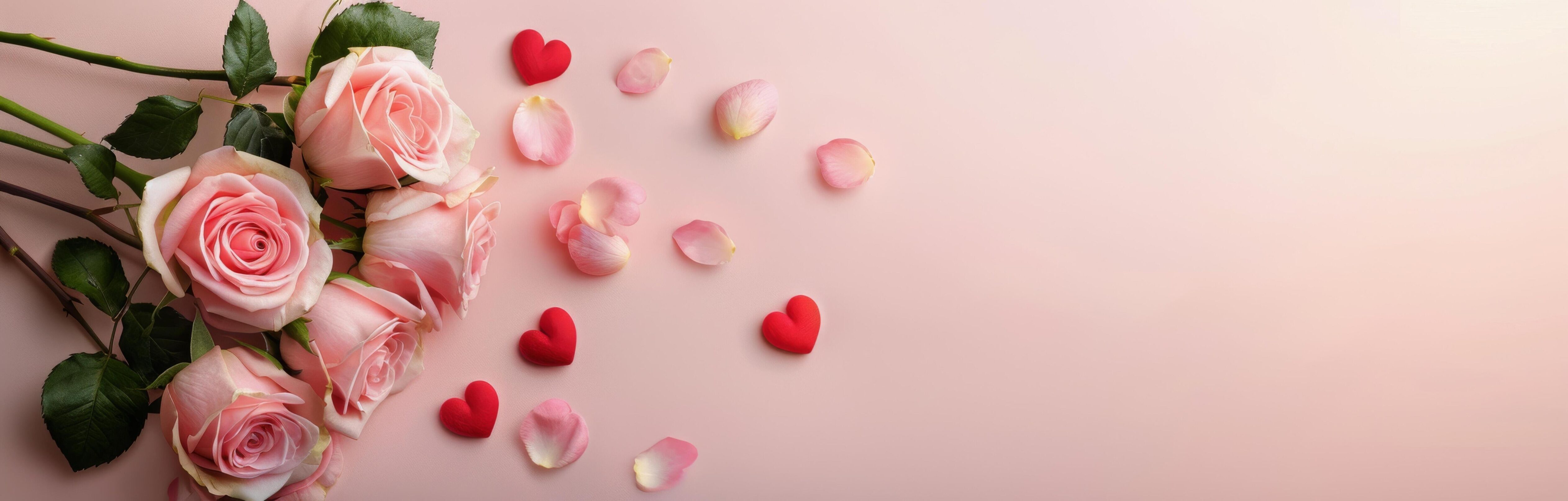 Romantic Bouquet of Pink Roses Surrounded by Heart-Shaped Decorations on Soft Background Stock Free