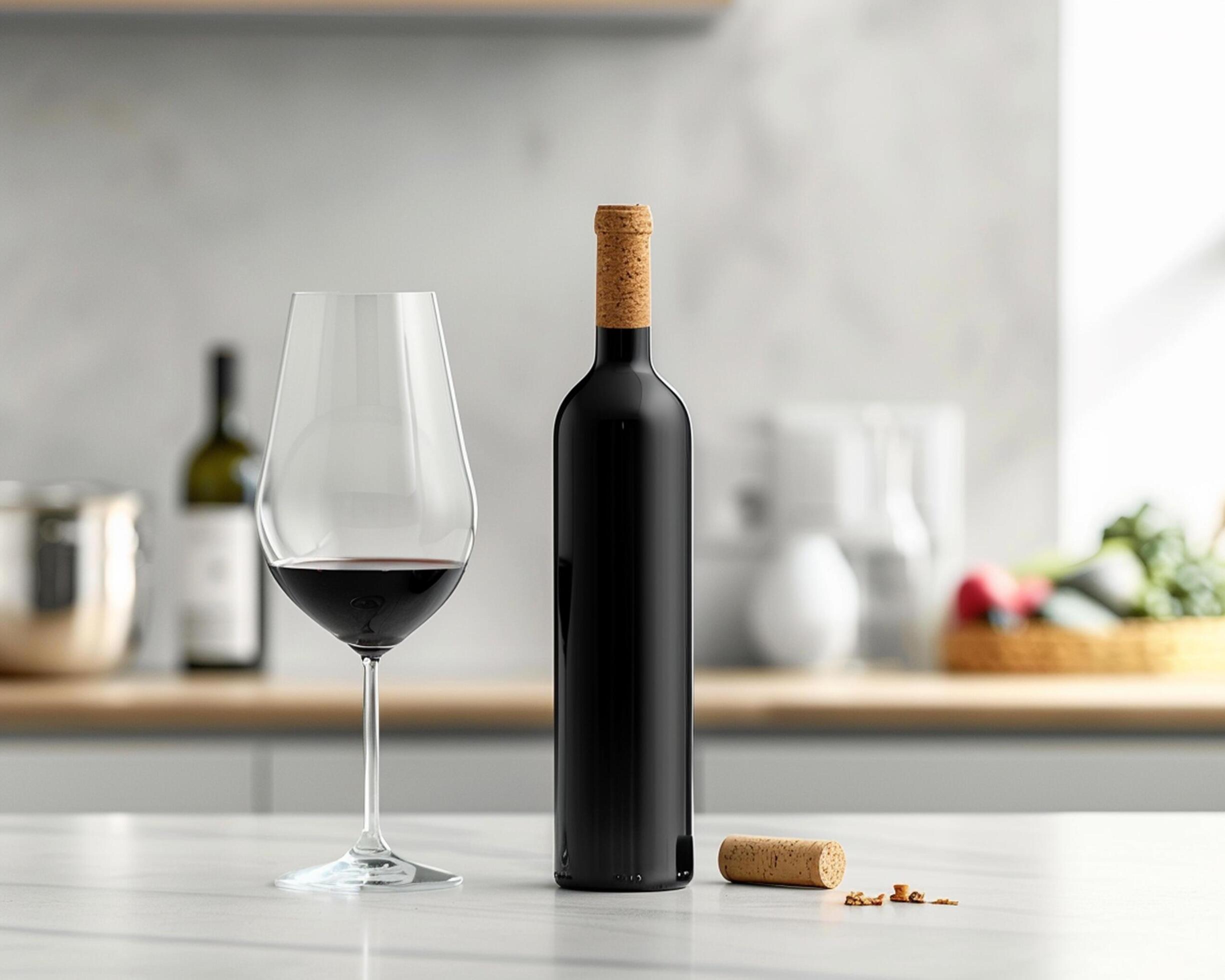 a bottle of wine and a glass sitting on a counter Stock Free