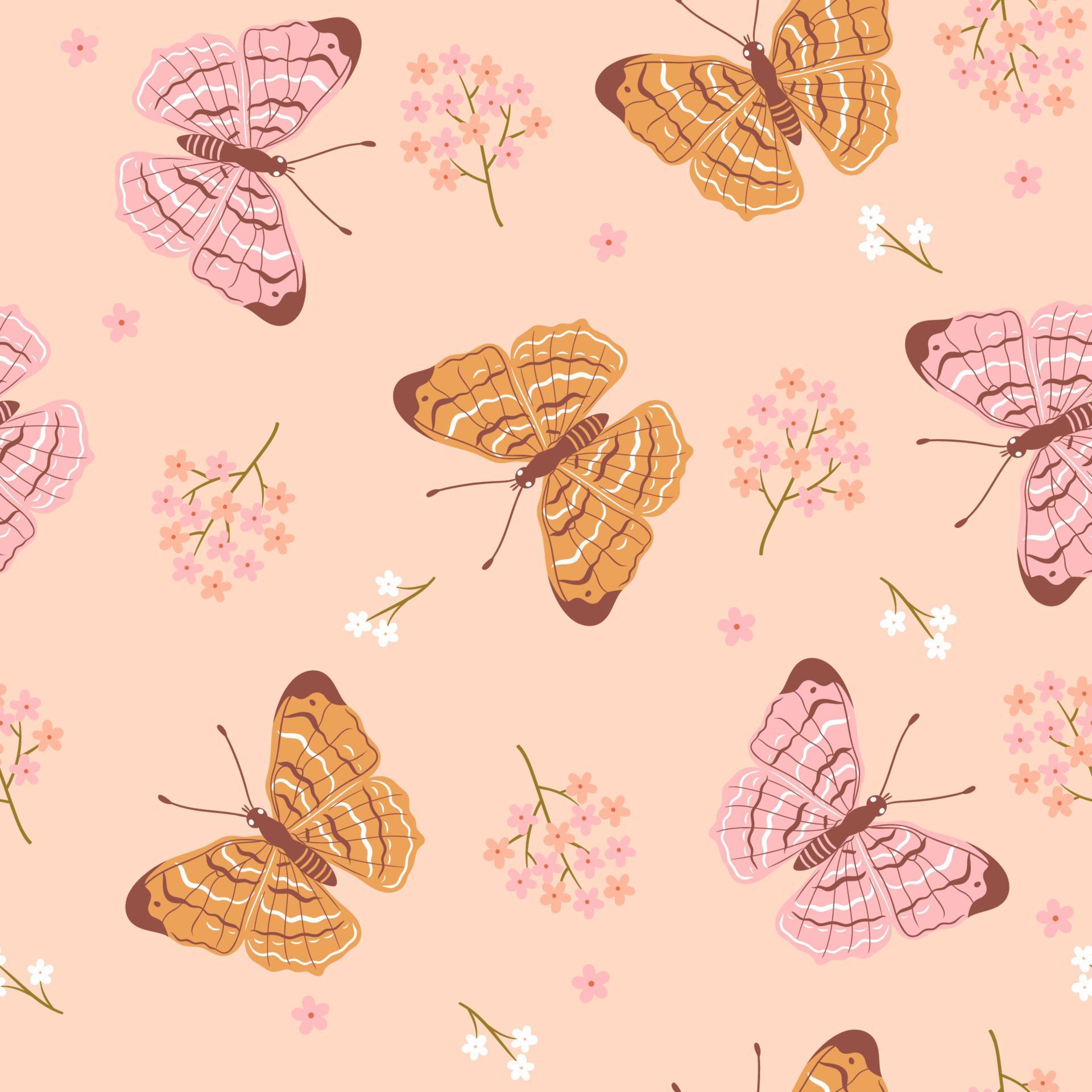 Spring pattern with yellow and pink butterflies and flowers. Vector graphics. Stock Free