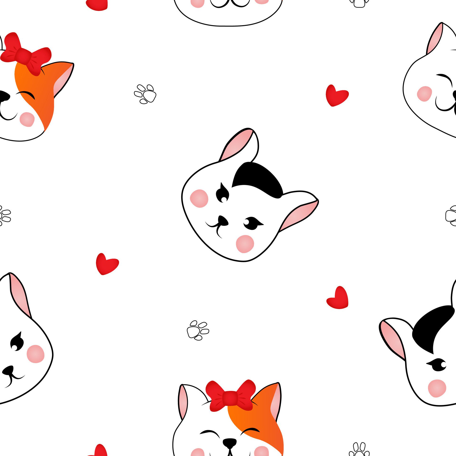 Seamless pattern with many different red and black and white heads of cats on white background. Illustration for children. Free Vector