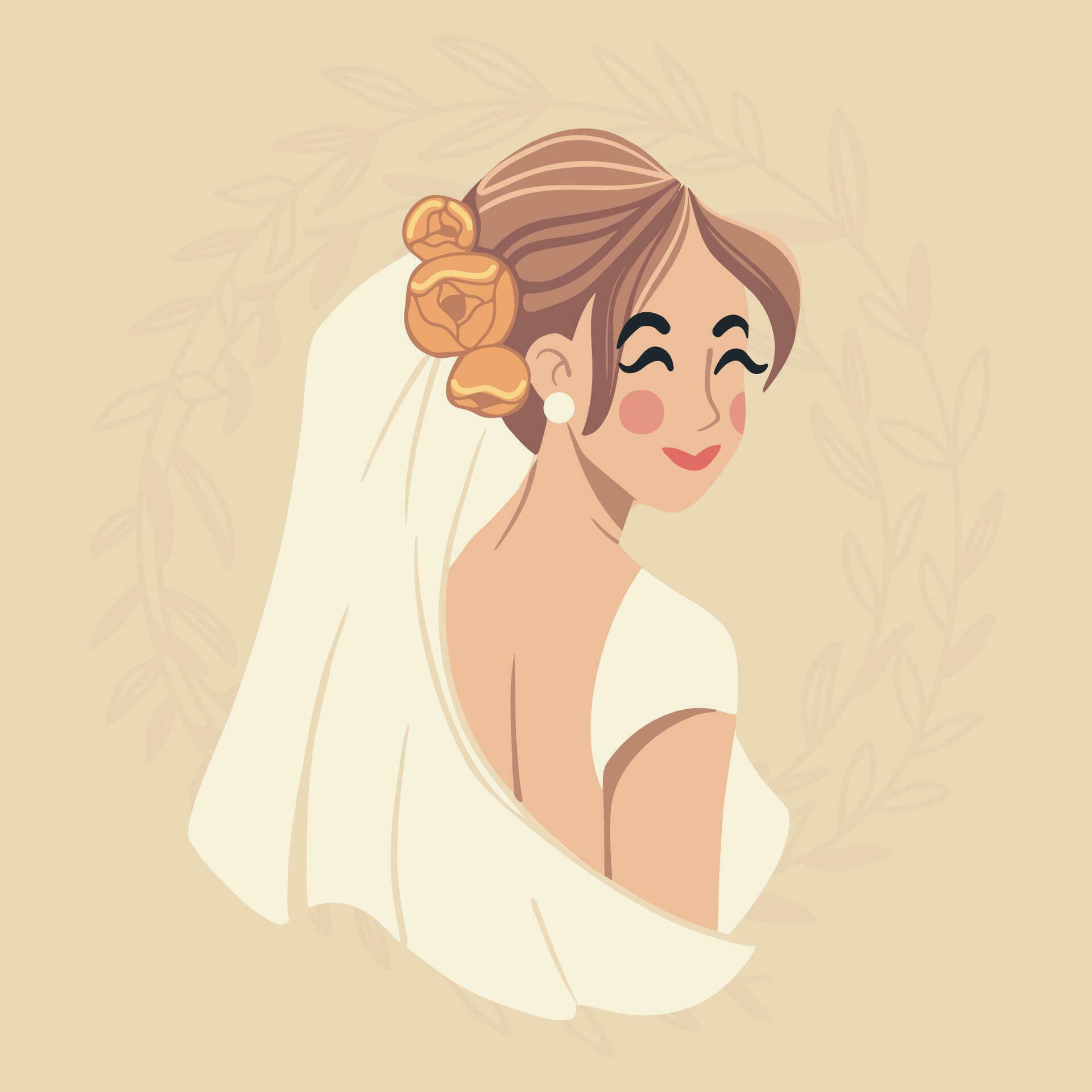 Cartoon character happy bride with flowers in her hair and veil. Wedding concept – vector illustration Stock Free