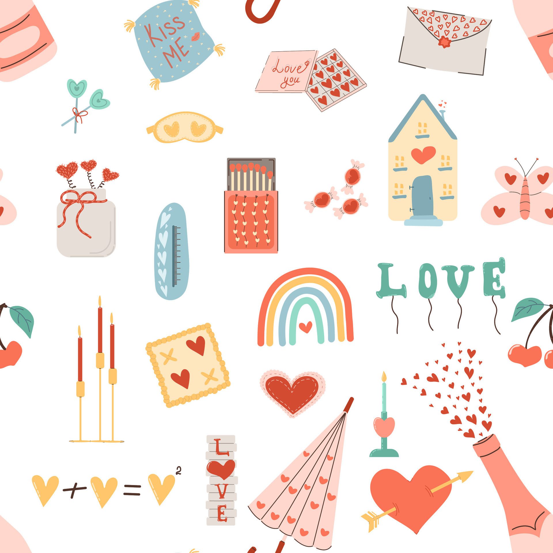 Seamless pattern with champagne, sweets, umbrella, candles. Valentine’s Day.Great for fabrics, wrapping paper, covers and children’s designs. Free Vector