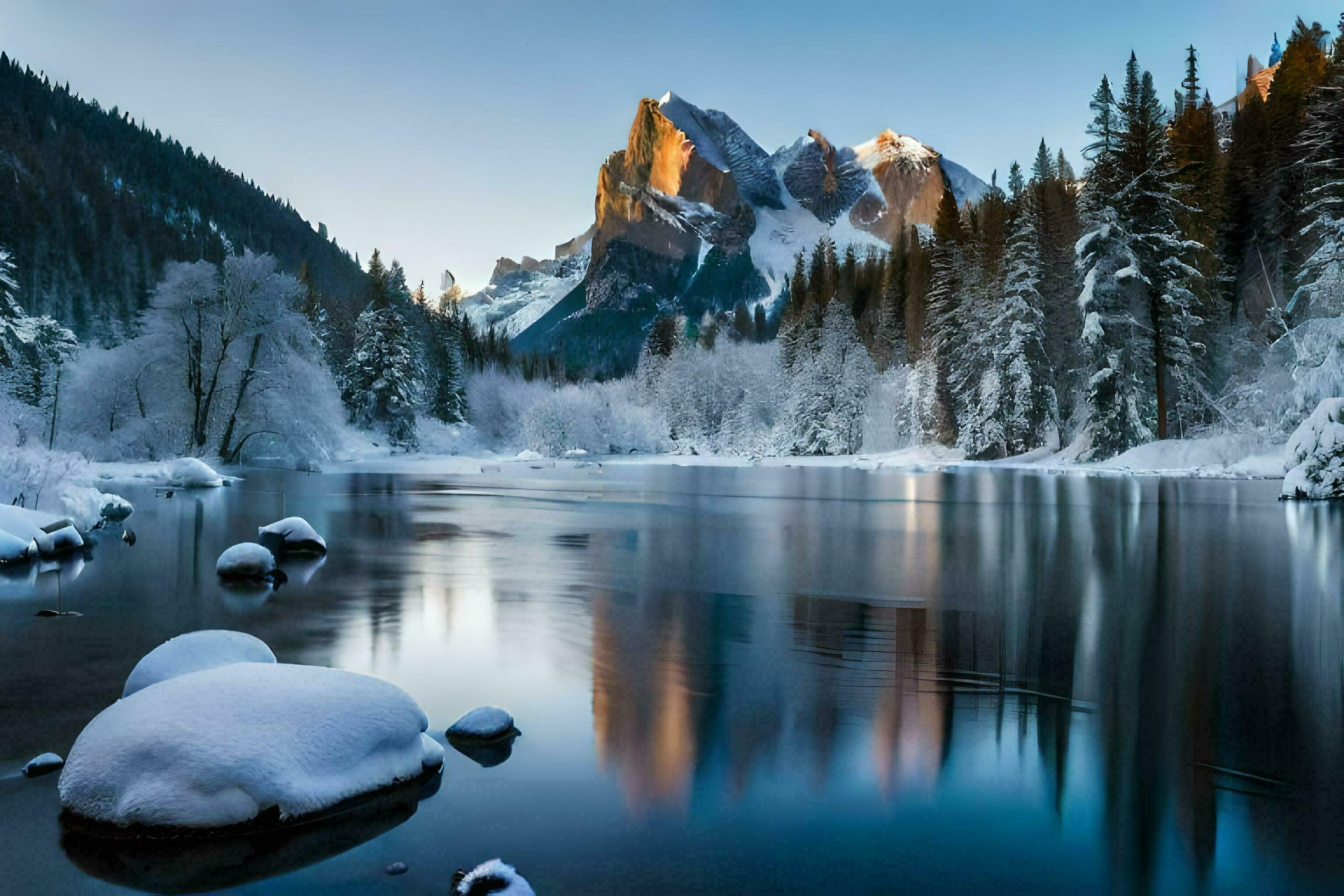 landscape snowy mountain with lake ai generate Stock Free