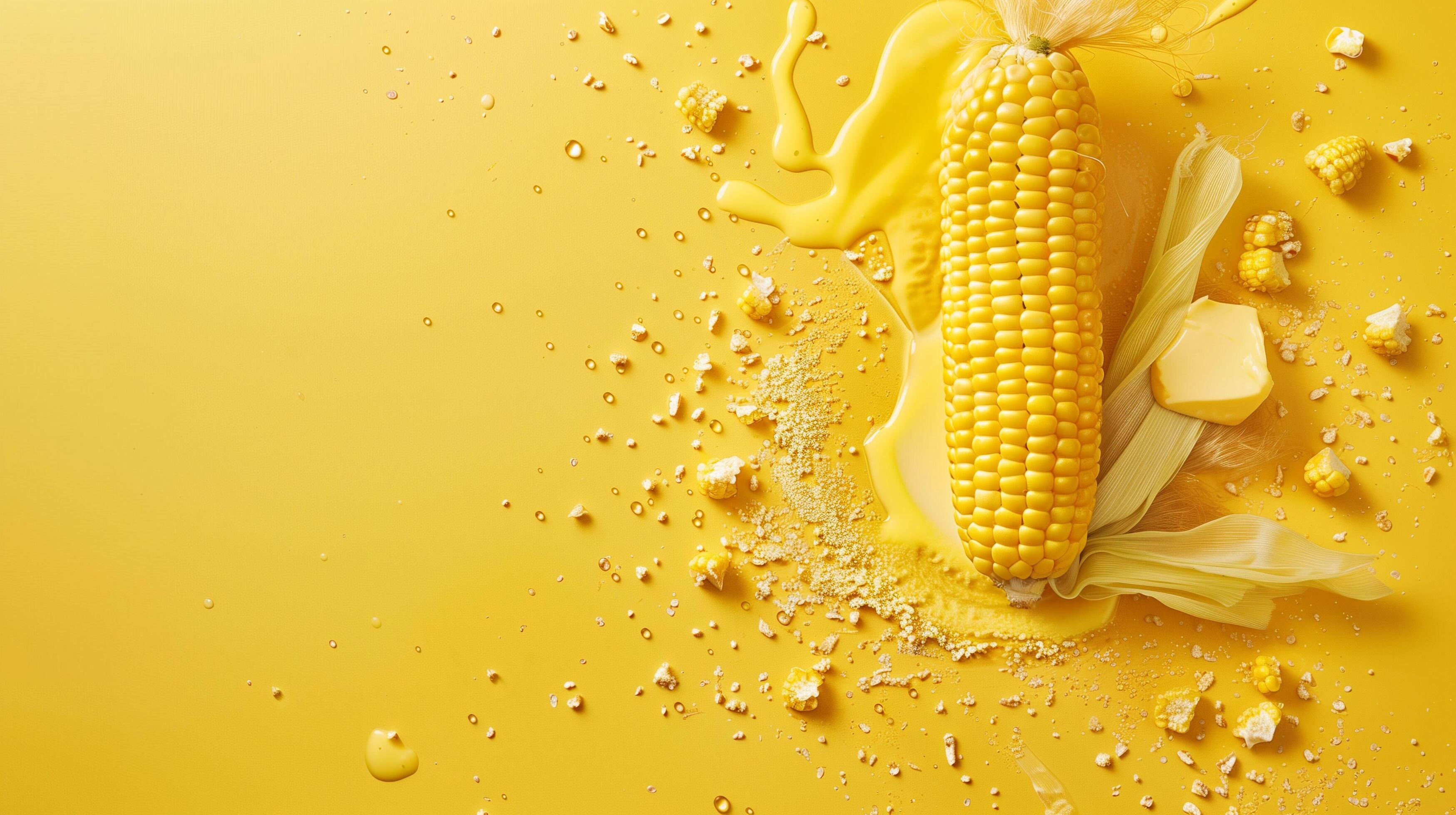 Bright Yellow Corn On Cob Surrounded By Corn Kernels And Cornmeal On Vibrant Yellow Background Stock Free