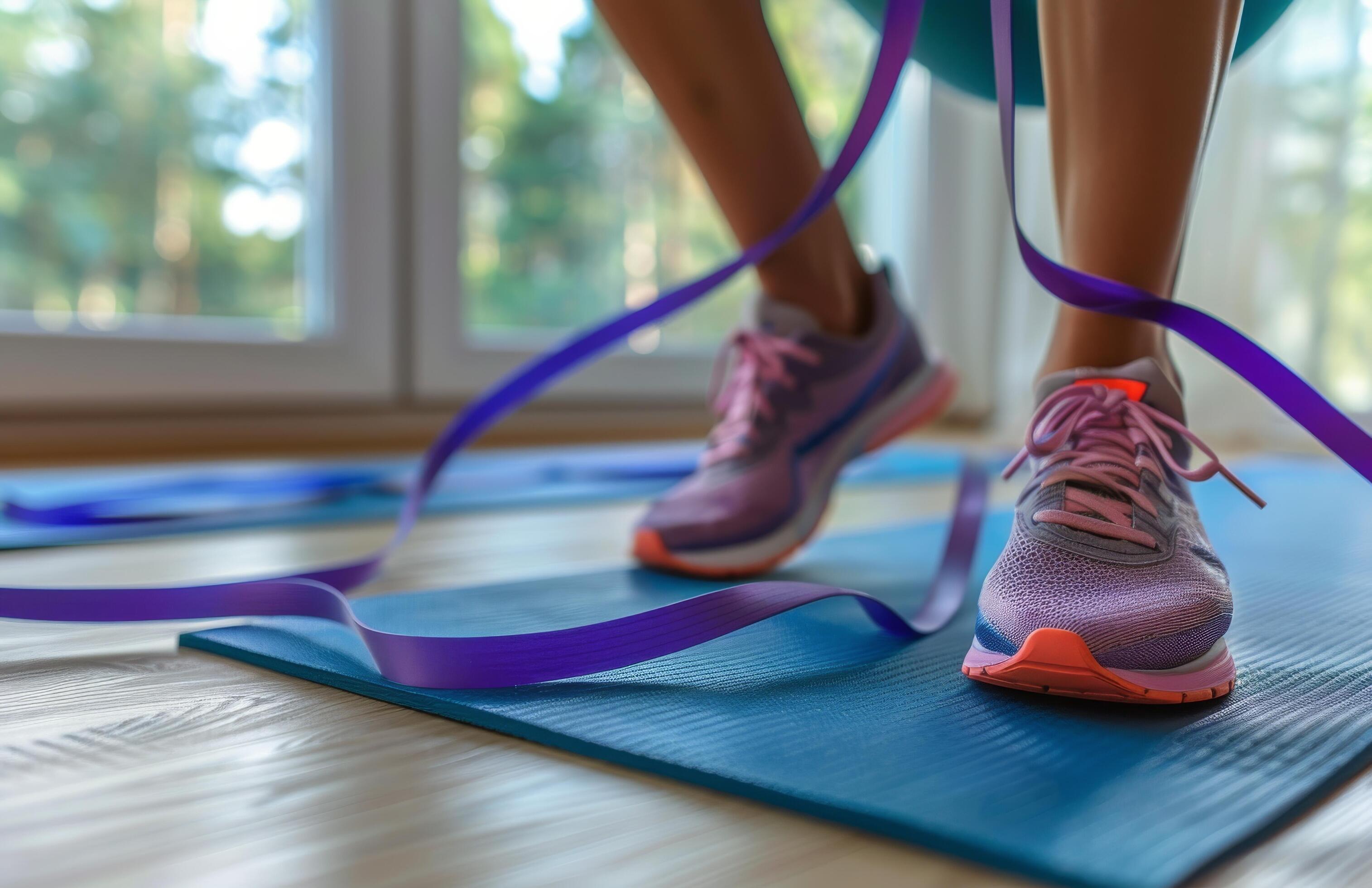 Closeup of a Runners Foot Stepping on a Blue Exercise Mat During a Workout Stock Free