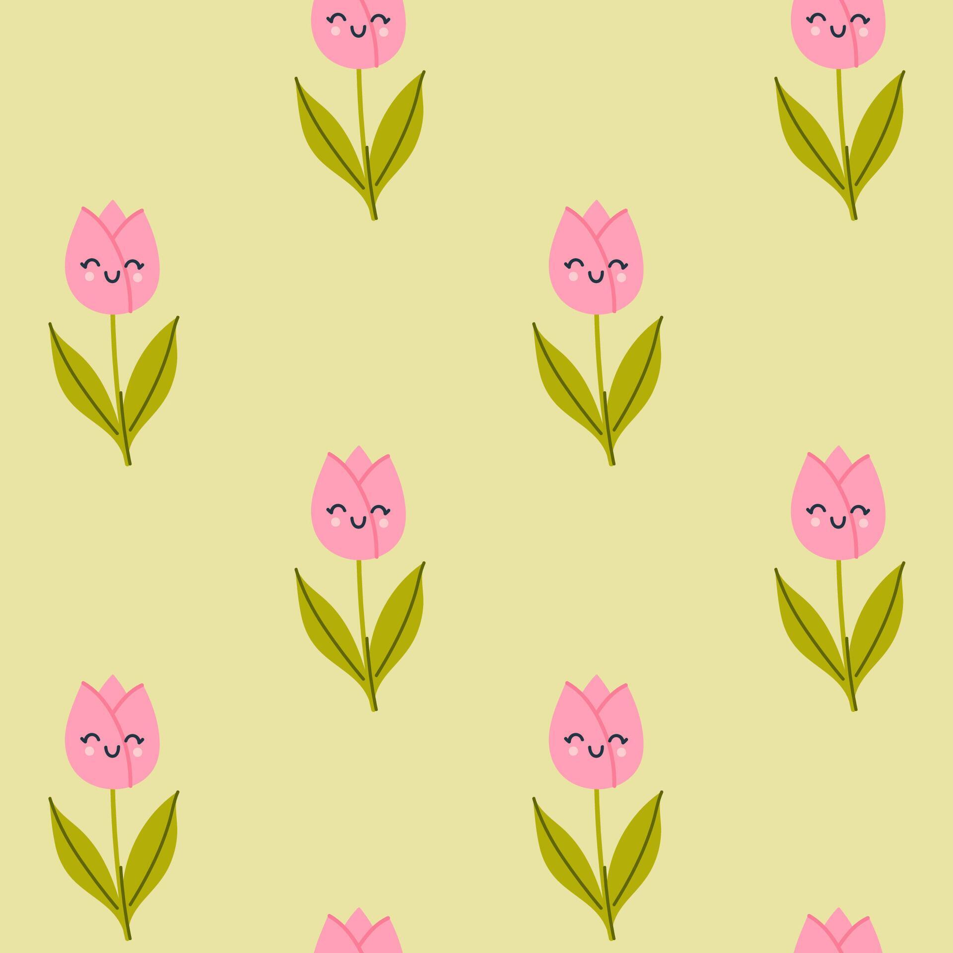 Simple seamless pattern with cute kawaii flowers. graphics. Stock Free