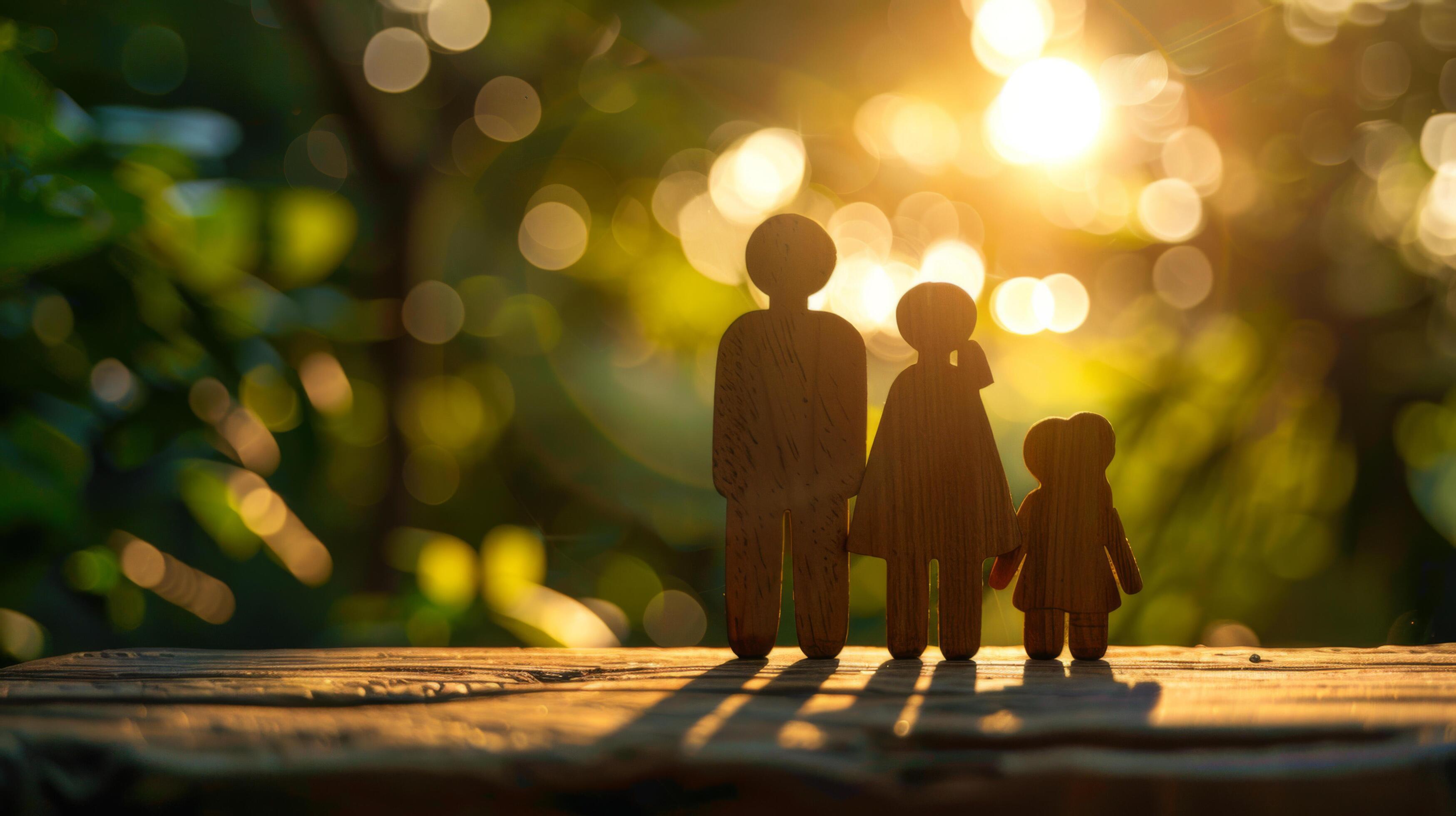 Silhouettes of wooden family figures standing together on a wooden surface with a beautiful golden sunset background. Stock Free