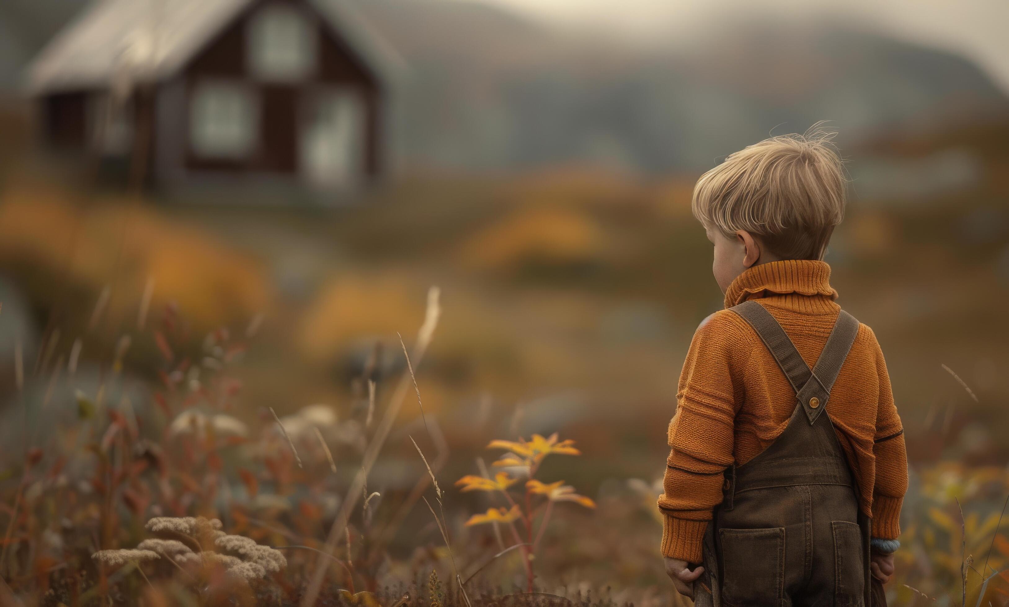 Boy in Field With Cabin in Background Stock Free