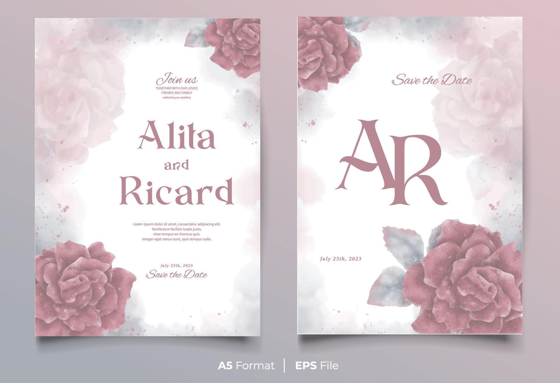 watercolor wedding invitation template with red flower ornament Stock Free