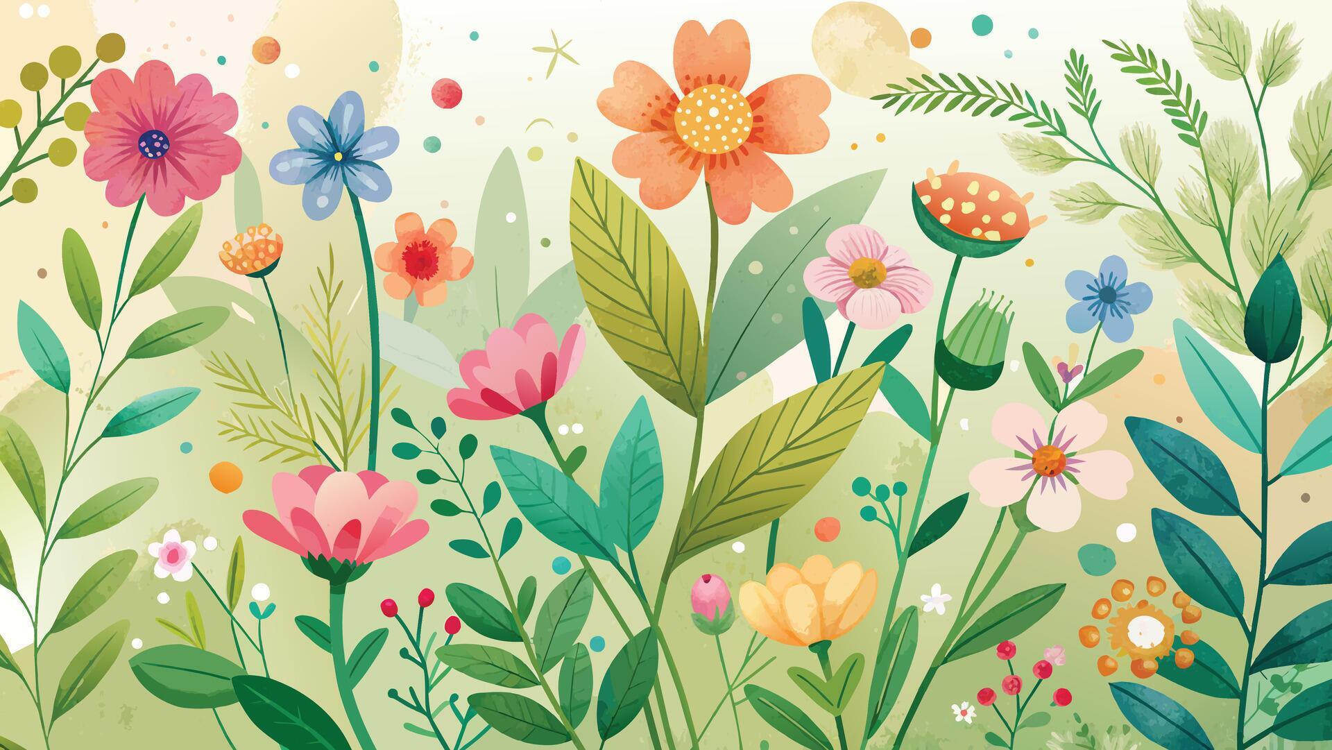 waterolor Floral background with flowers, leaves and plants. Vector Stock Free