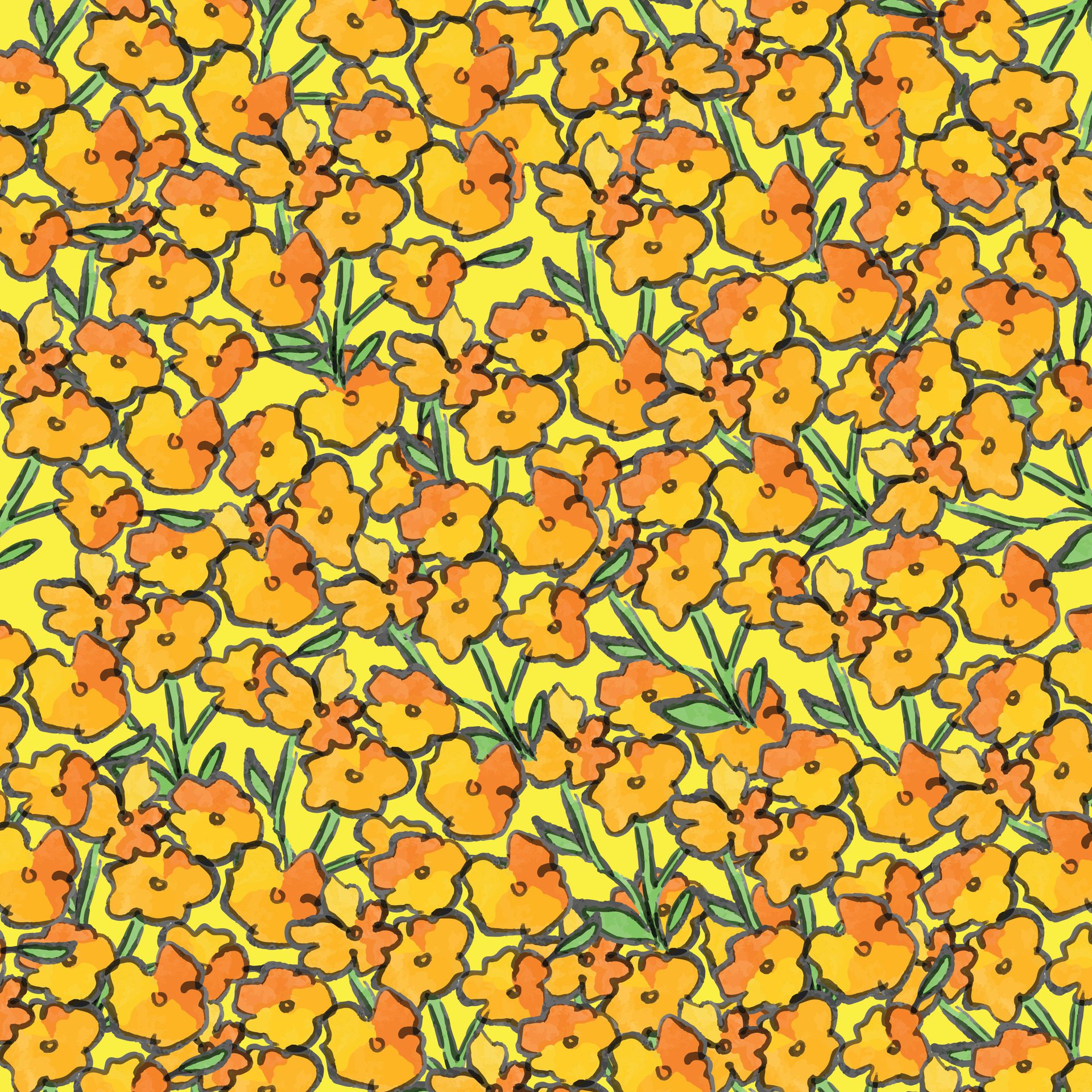 Orange flowers pattern illustration isolated on square yellow background. Simple flat colorful cartoon sketch style drawing. Free Vector