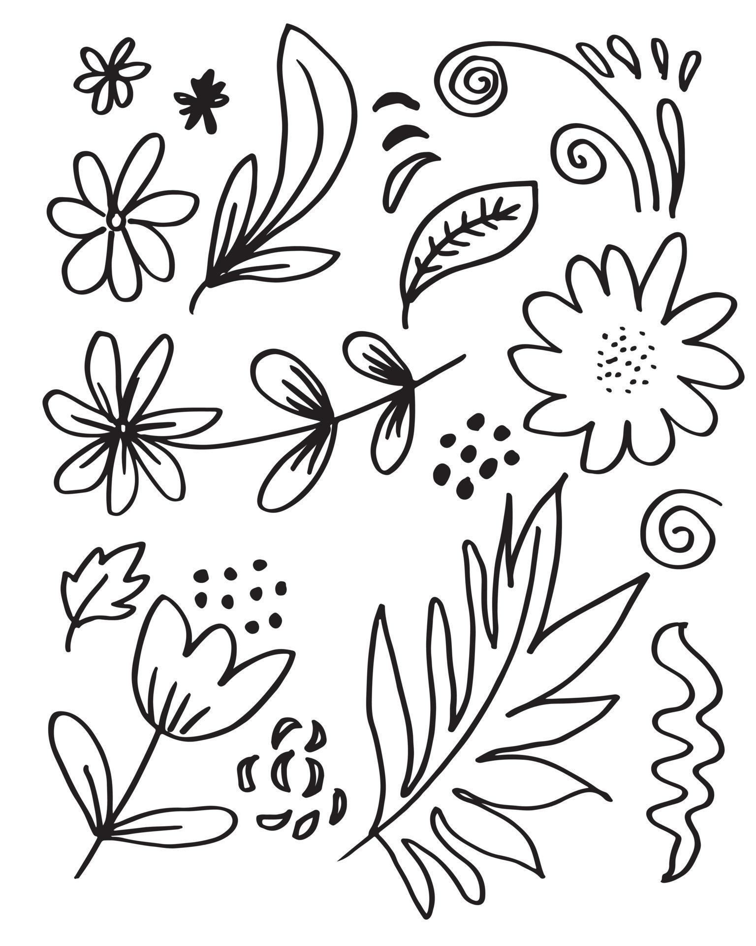 
									a collection of hand-drawn flower images such as bellflower, chrysanthemums, sunflowers, cotton flowers, and tropical leaves Stock Free