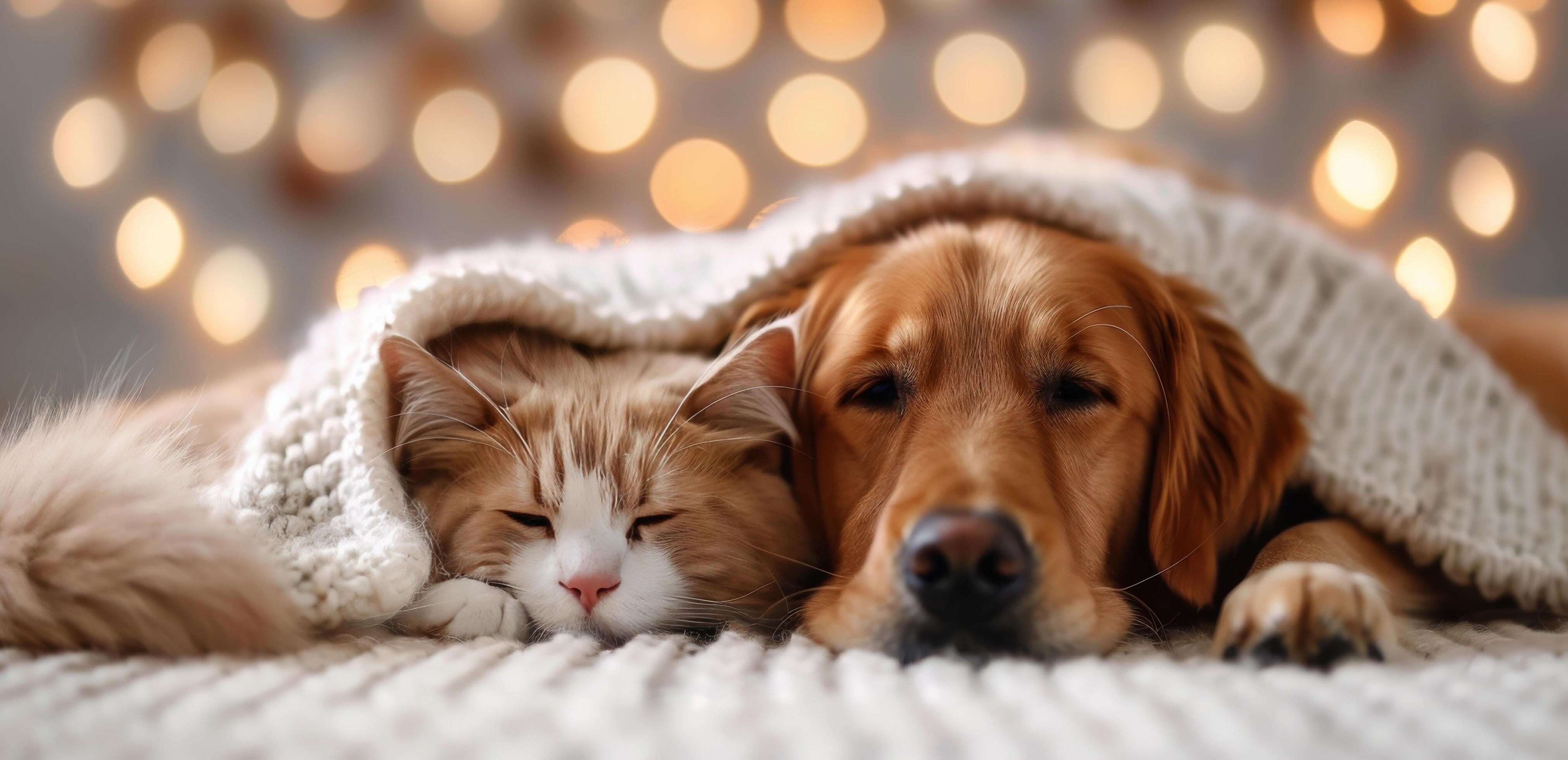 Cozy Cat and Dog Wrapped in Blanket on a Soft Surface With Warm Lights Background Stock Free