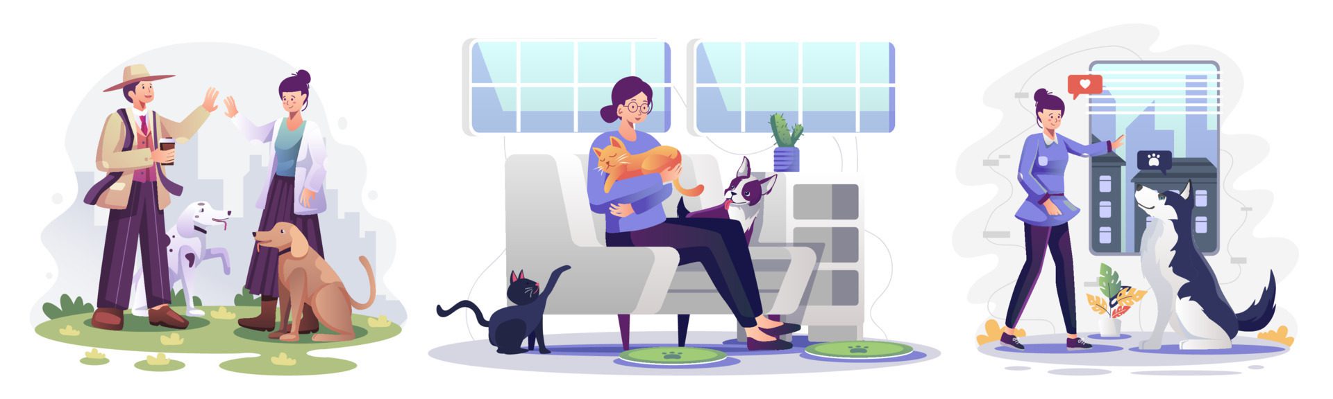 People and pets. Cat and dog with Man and woman pet owner characters Free Vector