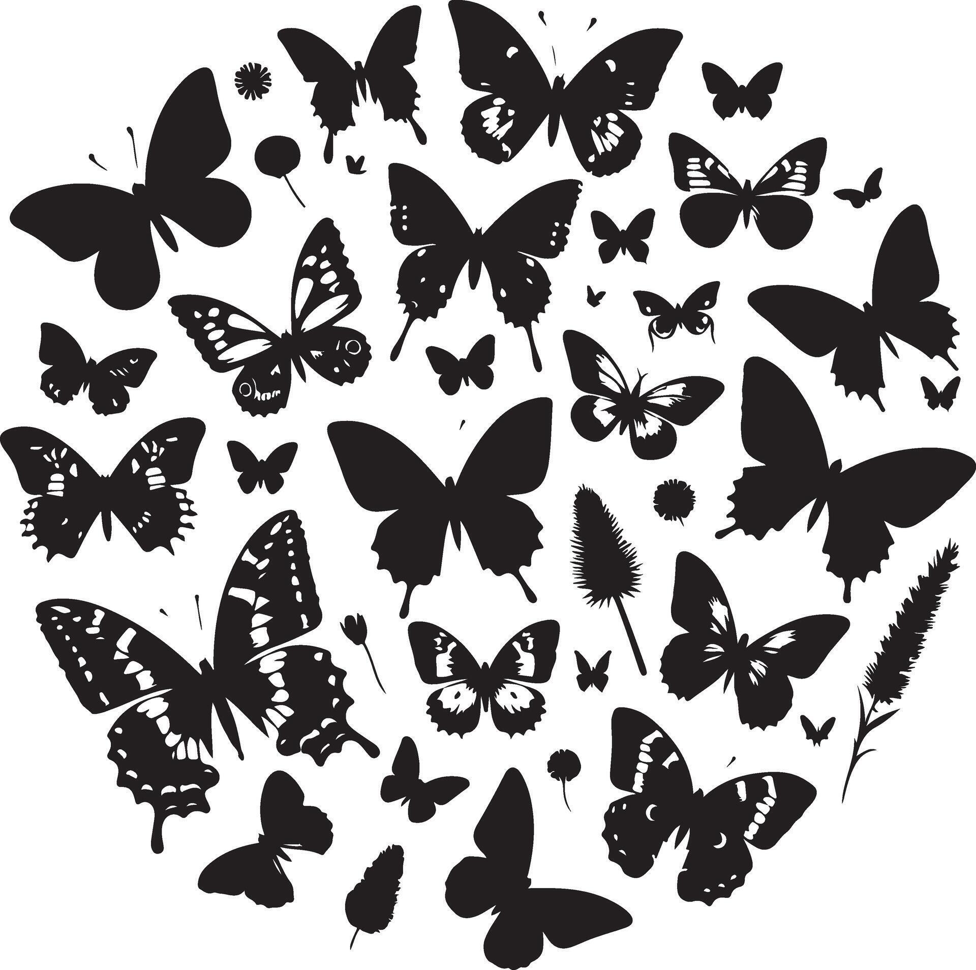 Butterflies and flowers, pattern with butterflies, set of butterflies, Flying butterflies silhouette black set isolated on white background Stock Free