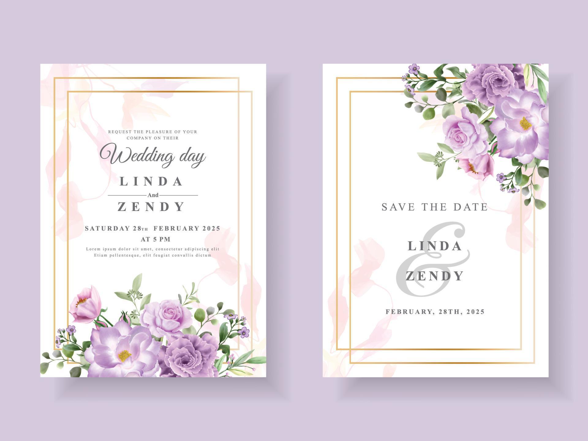 Beautiful purple flowers wedding invitation card template Stock Free