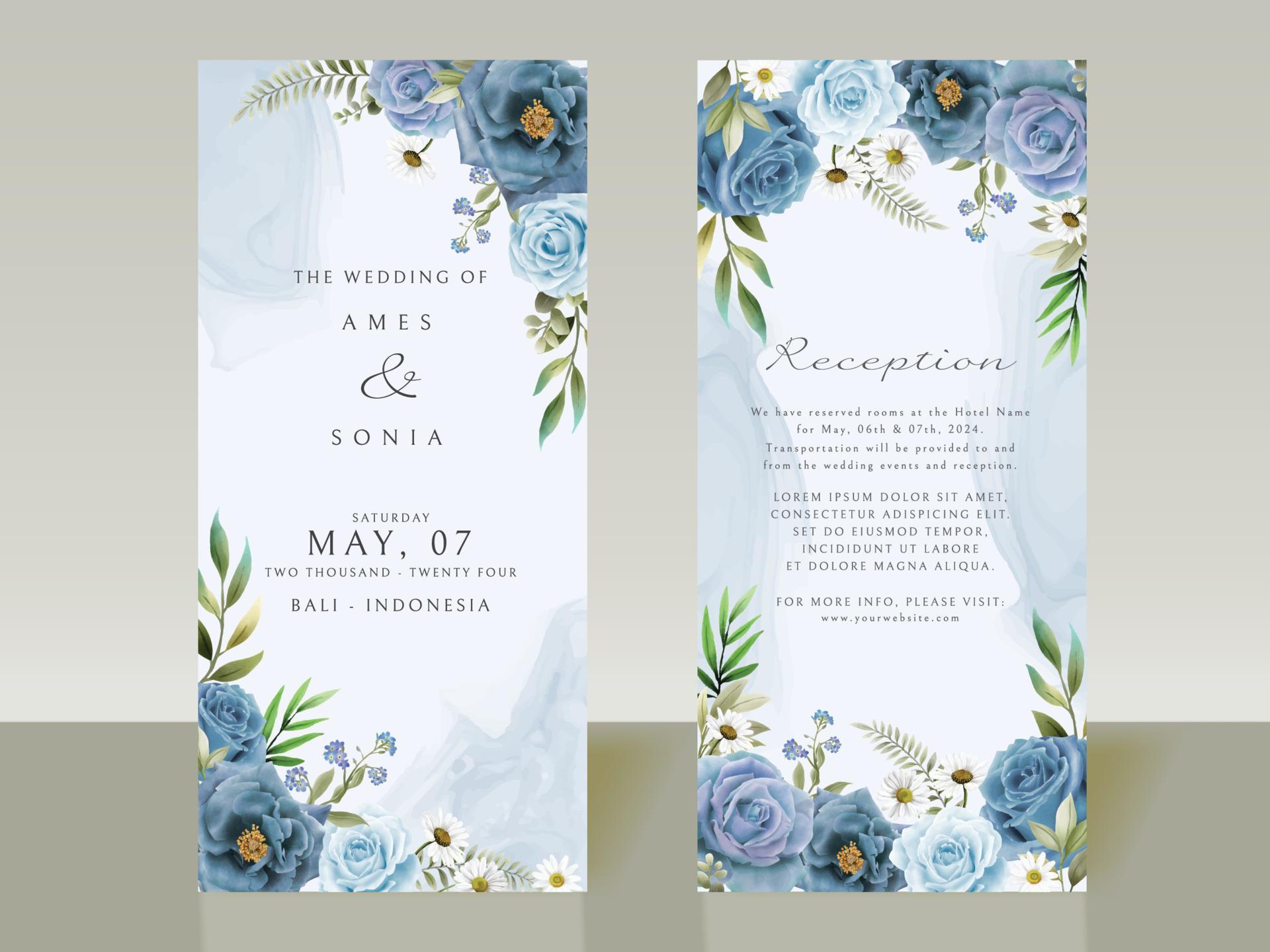 Elegant blue flowers wedding invitations Stock Free