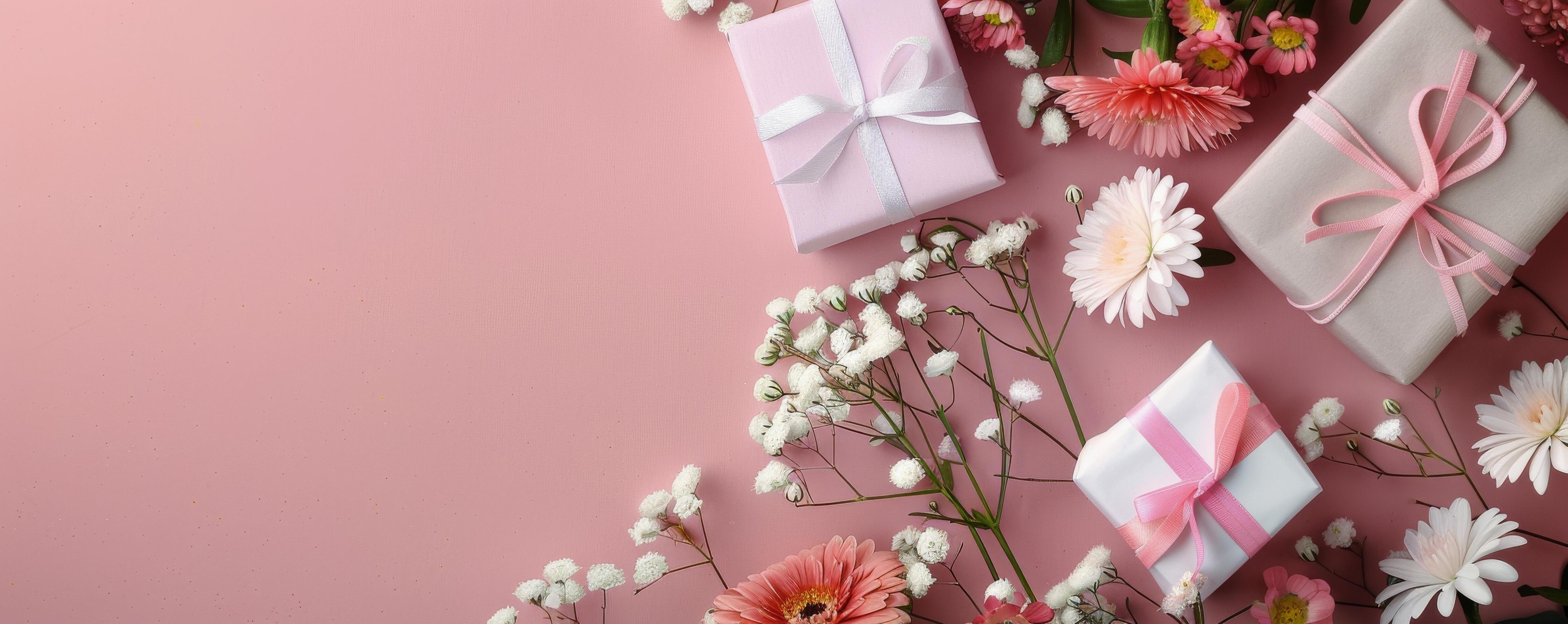 Pink Gift Box With Flowers on a Soft Background Stock Free