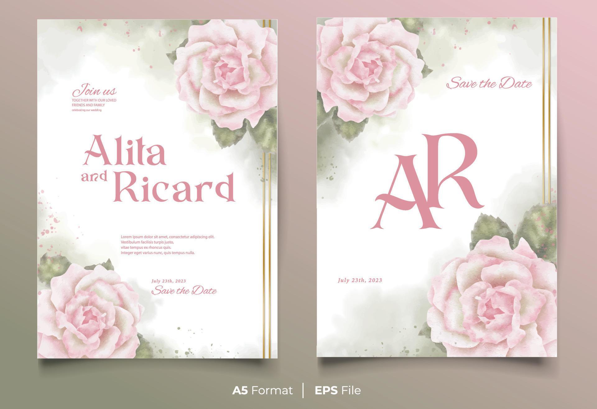 watercolor wedding invitation card template with pink and green flower ornament Stock Free