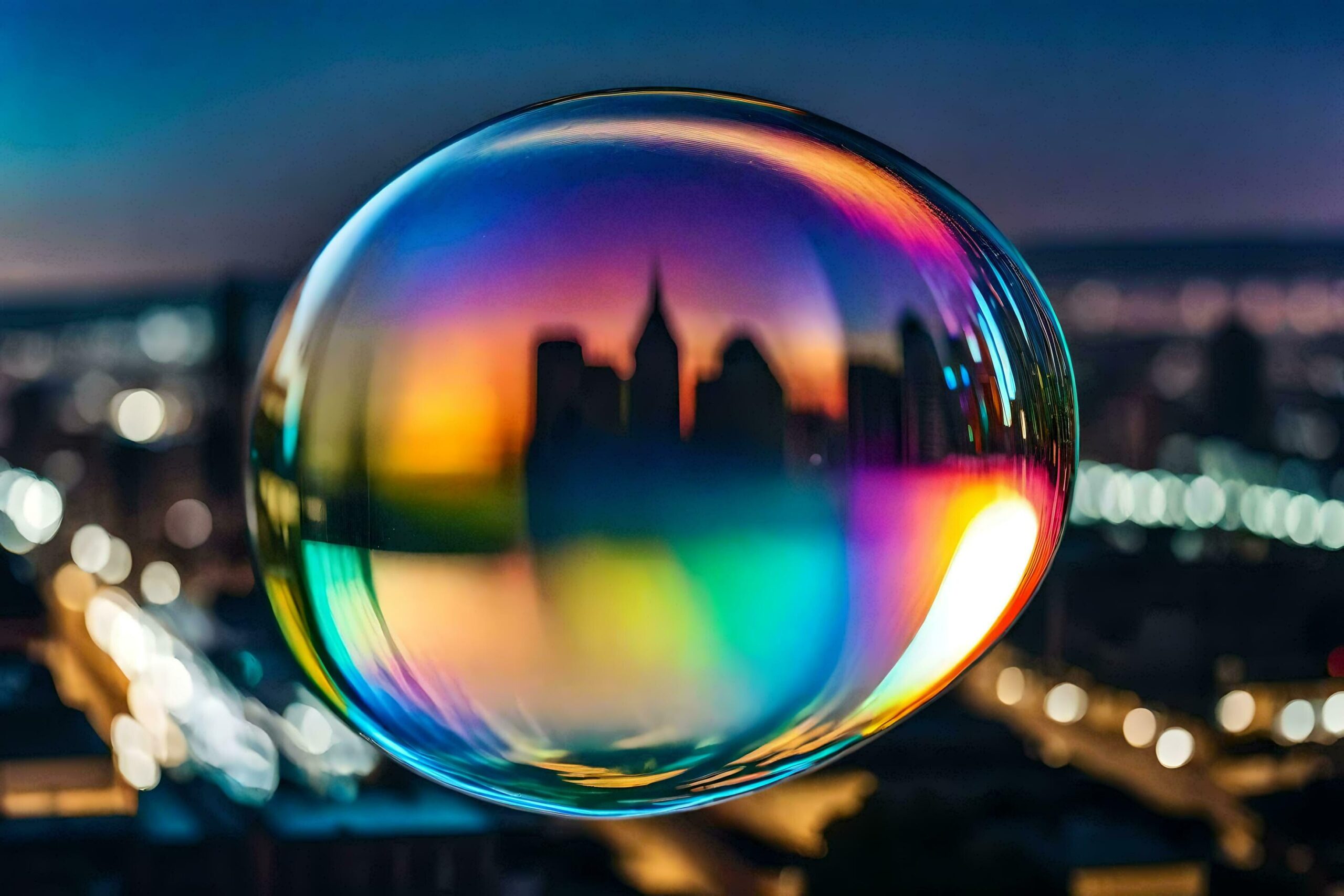 a colorful soap bubble with a city in the background Free Photo