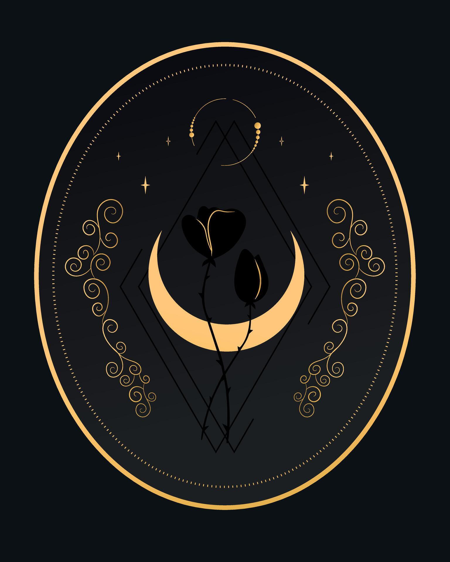 Abstract celestial emblem with a crescent, stars and flowers on black background. Vector illustration Stock Free