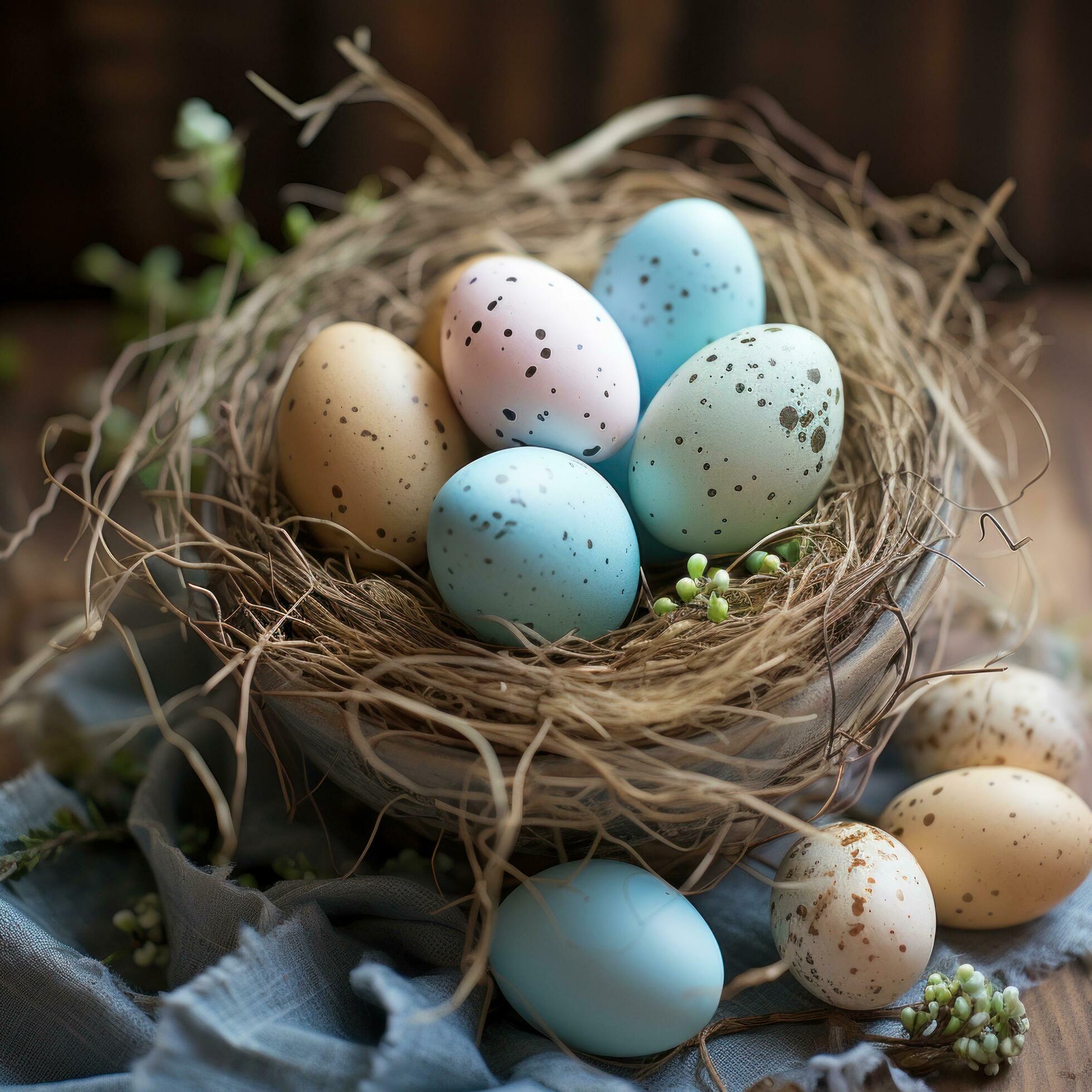 A rustic, natural background with a bird’s nest filled with speckled Easter eggs Free Photo