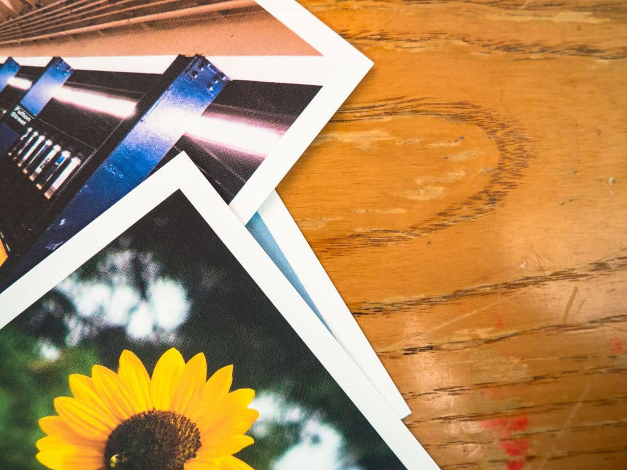 Stack Photos Polaroid Wood Desk Stock Free