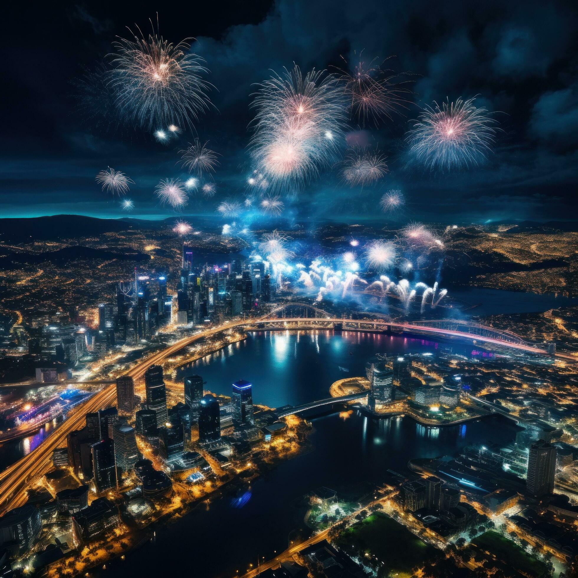 A breathtaking aerial shot of fireworks exploding over a city or landscape Free Photo