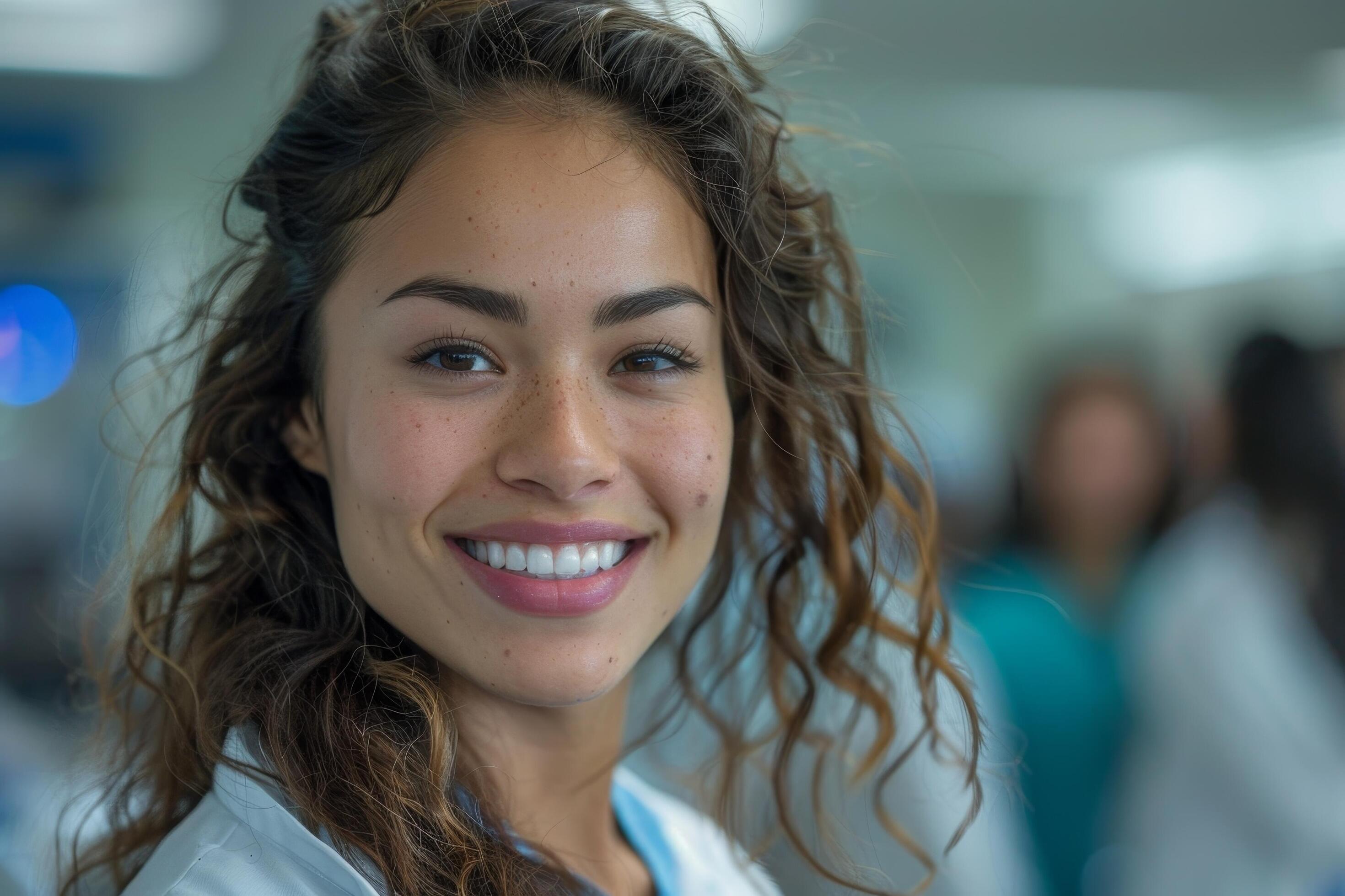 Smiling, friendly female doctor or nurse with a diverse team in background at a hospital. Stock Free