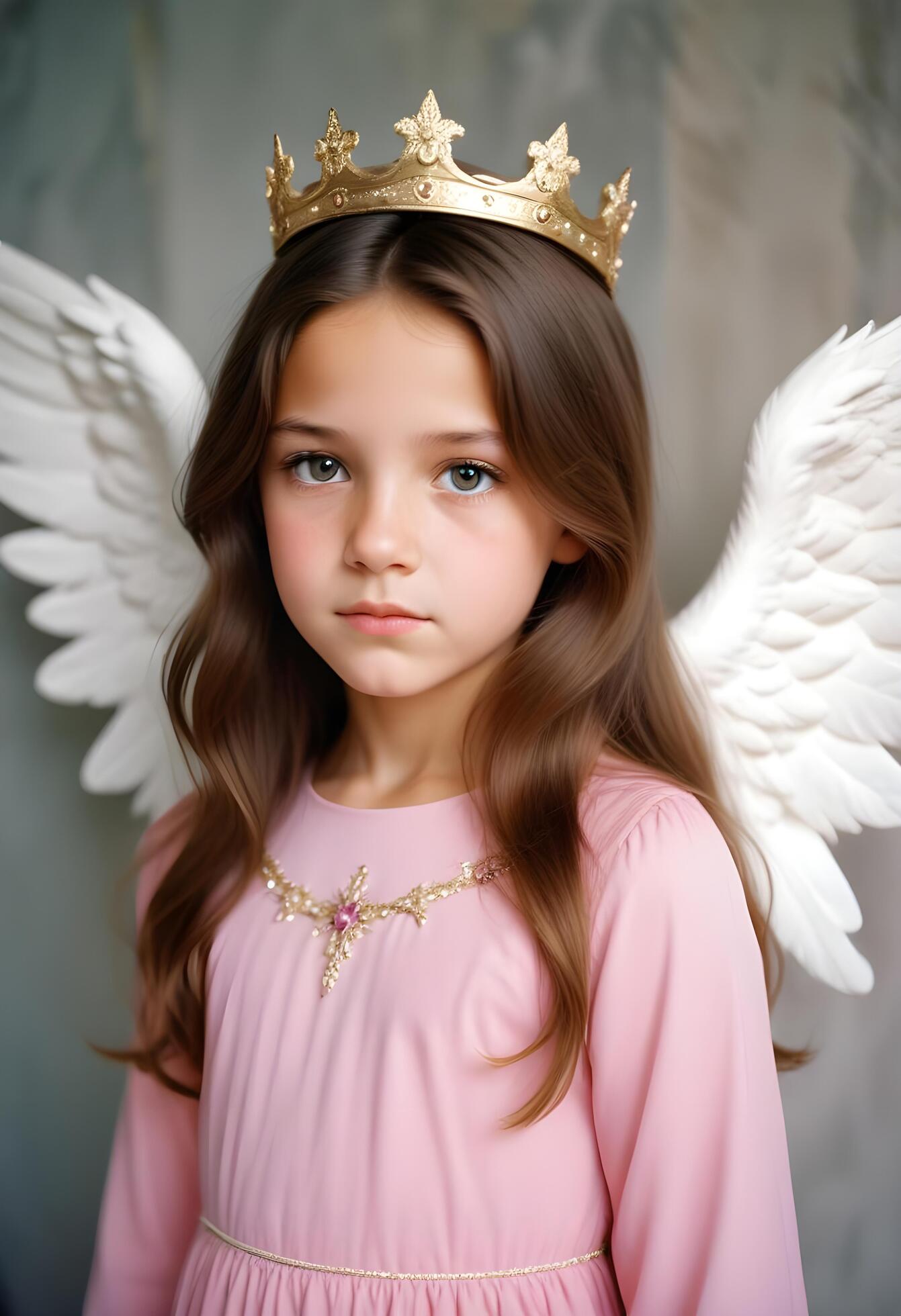 A beautiful young girl wearing a pink dress with angel wings in forest background Stock Free