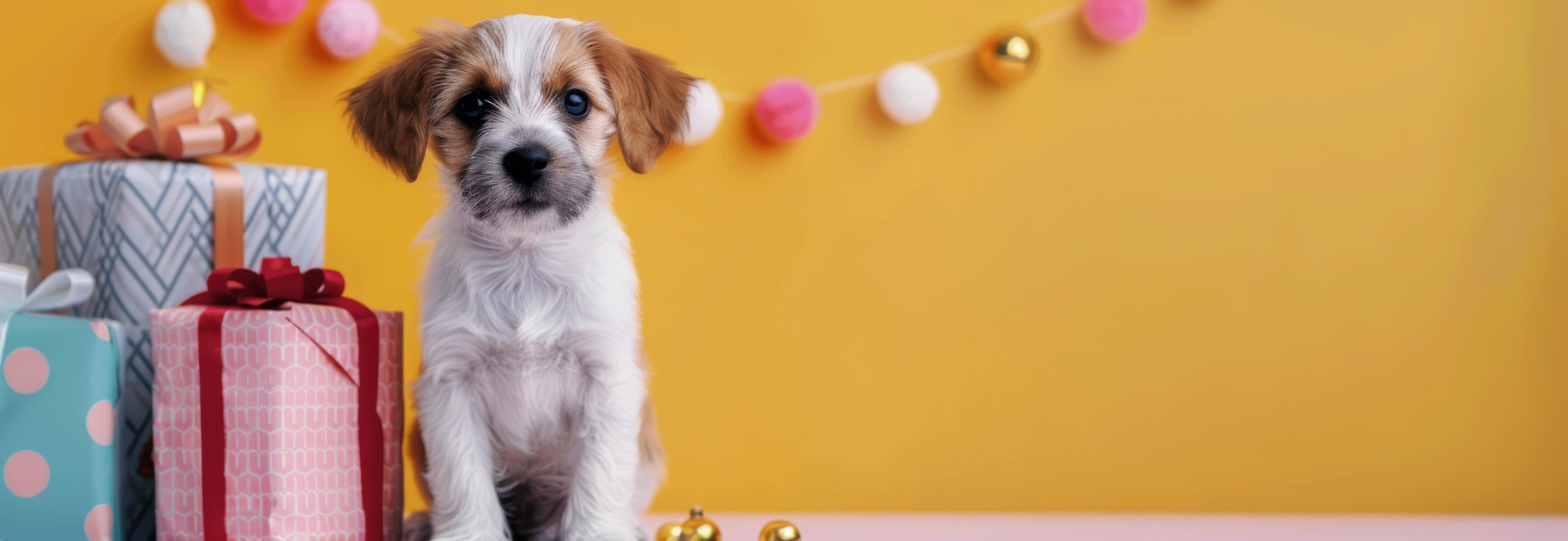 Adorable Puppy Surrounded by Colorful Gifts on Yellow Background Stock Free