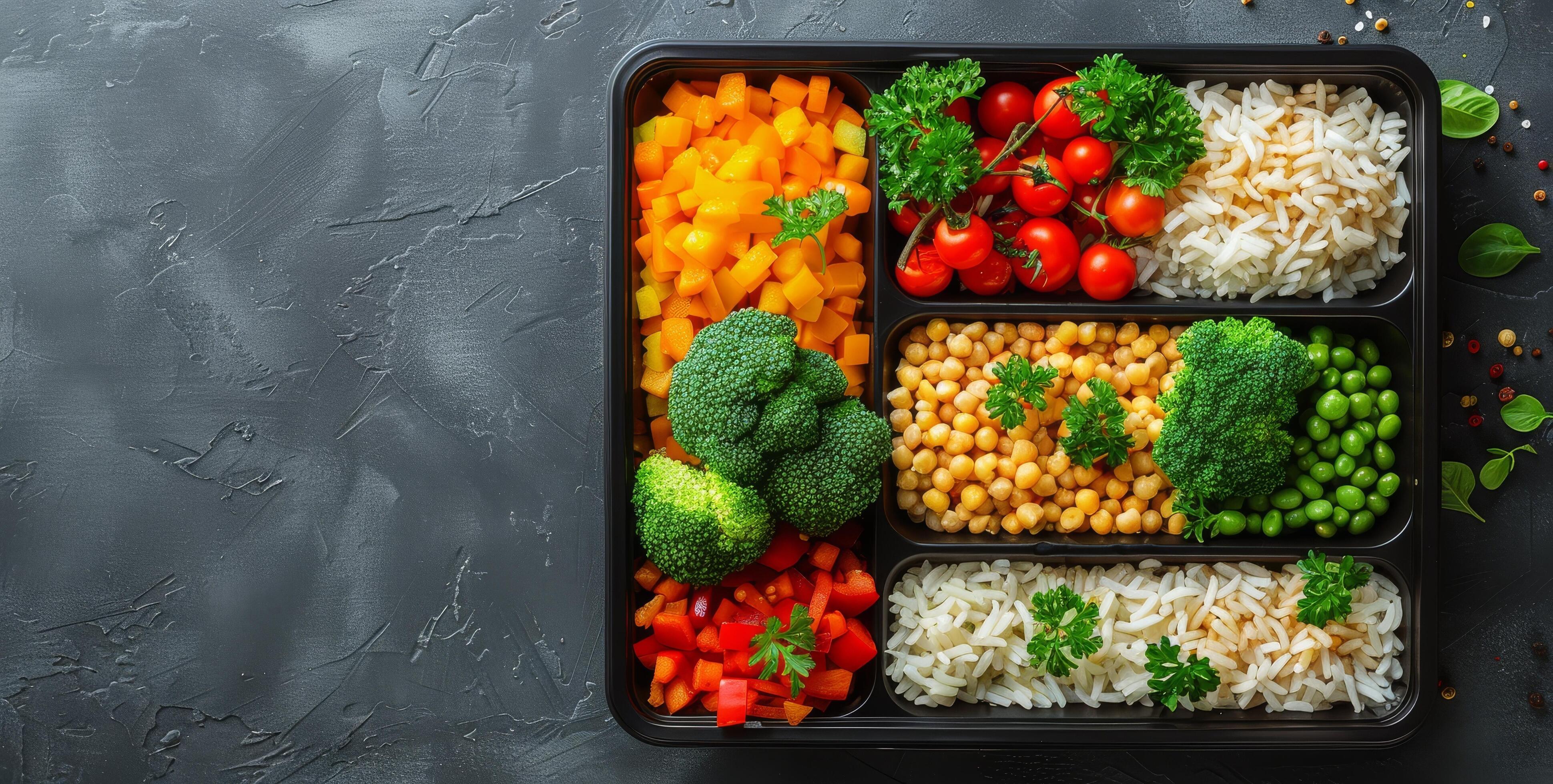 Prepared Meal Containers With Various Vegetables, Rice, and Protein Stock Free