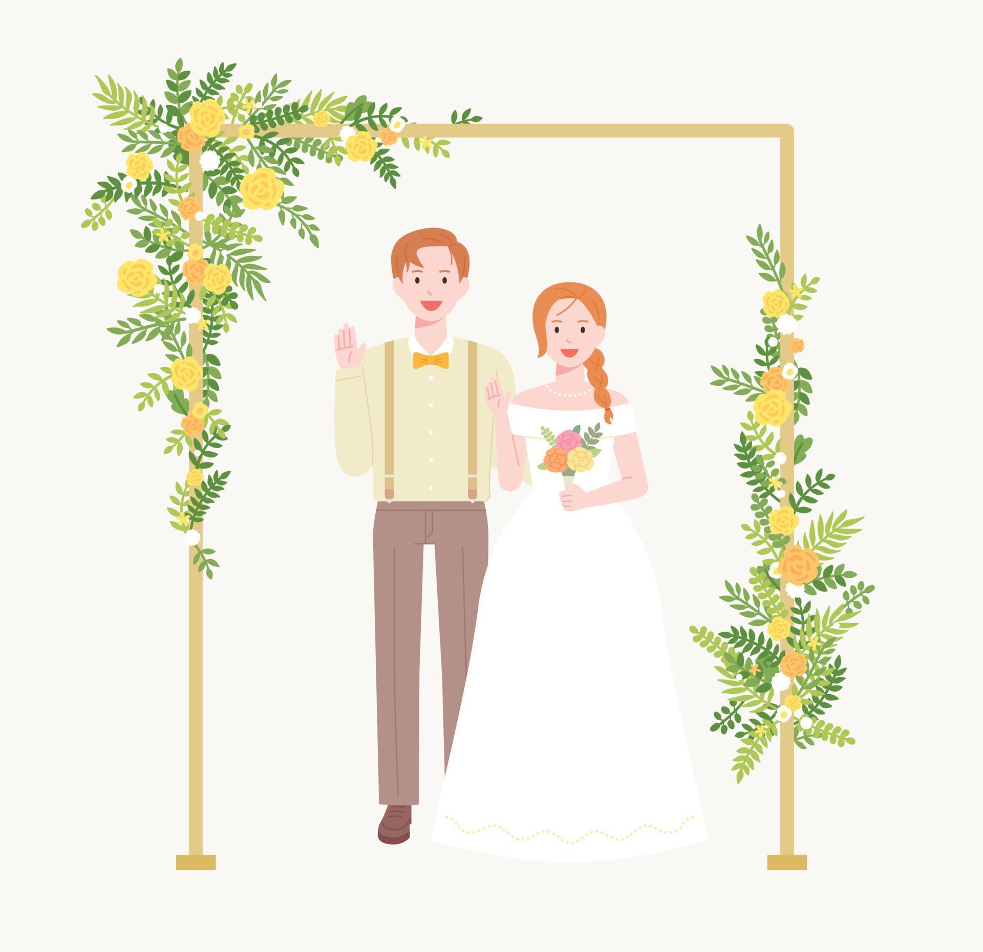 A groom in a wedding dress is standing in a frame decorated with flowers. Stock Free