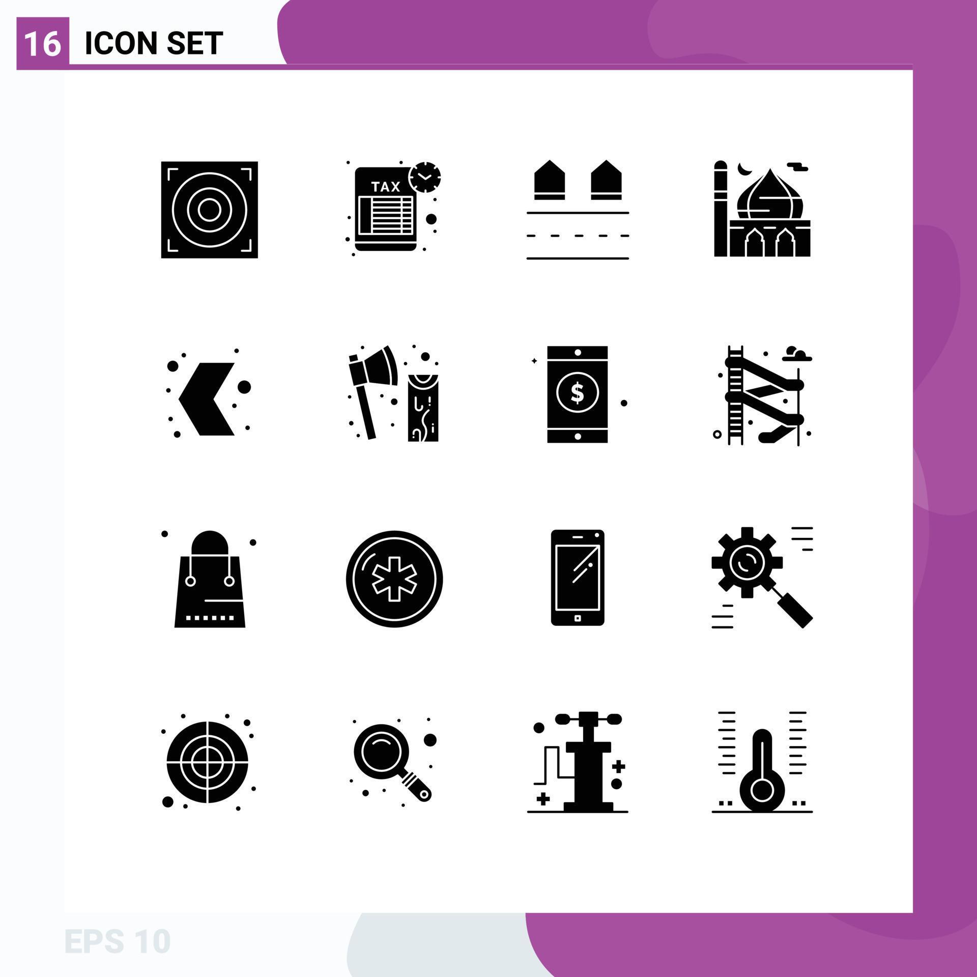 Editable Vector Line Pack of 16 Simple Solid Glyphs of arrow moon houses islam mosque Editable Vector Design Elements Stock Free