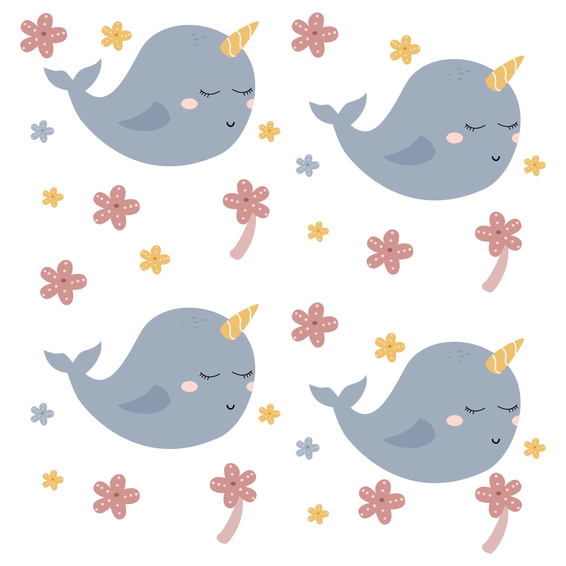 Cute underwater animal baby pattern. Cute horn whale pattern for kids. Cute characters. Underwater background Free Vector