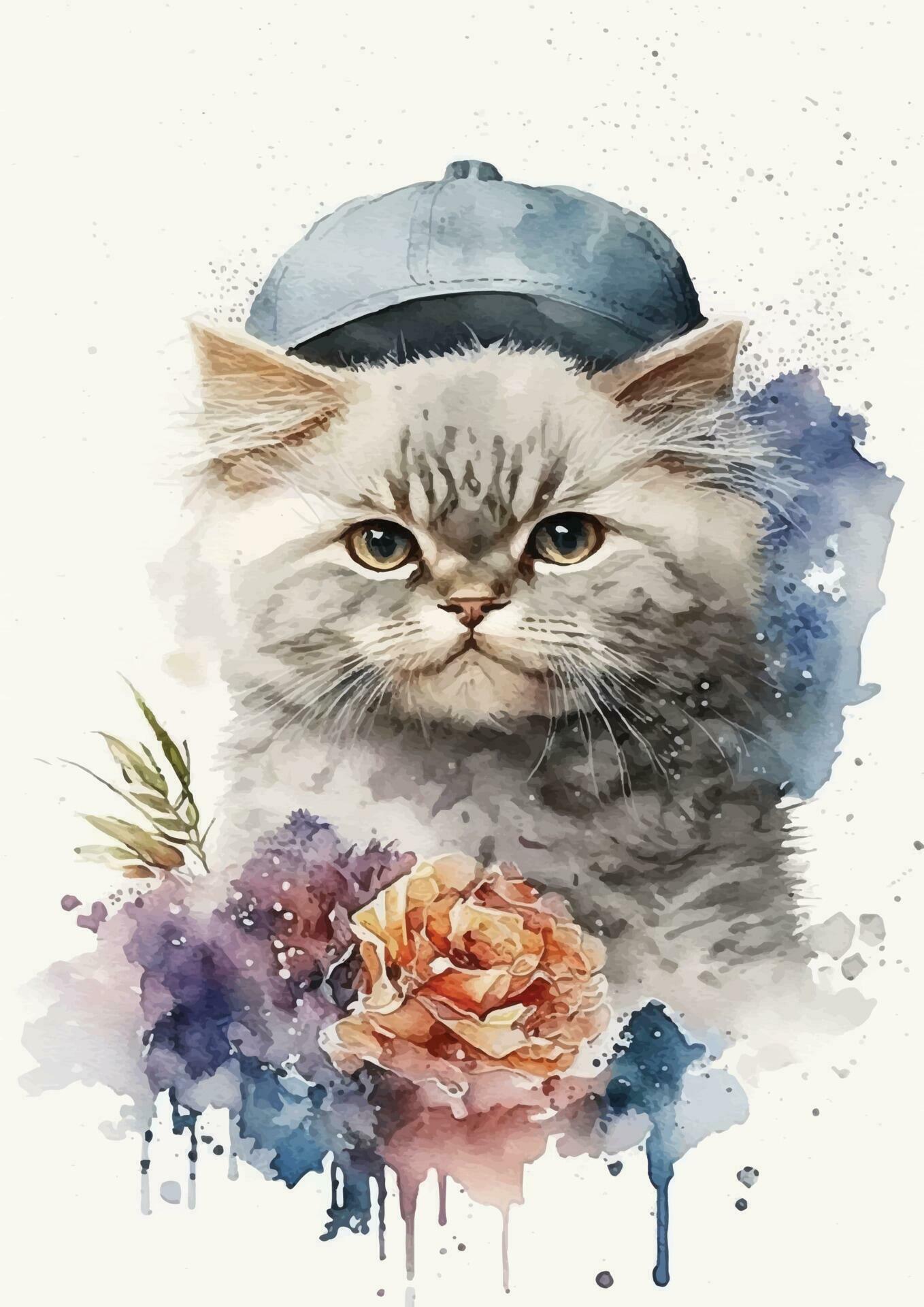 Watercolor cat with flowers of Angora breed Stock Free