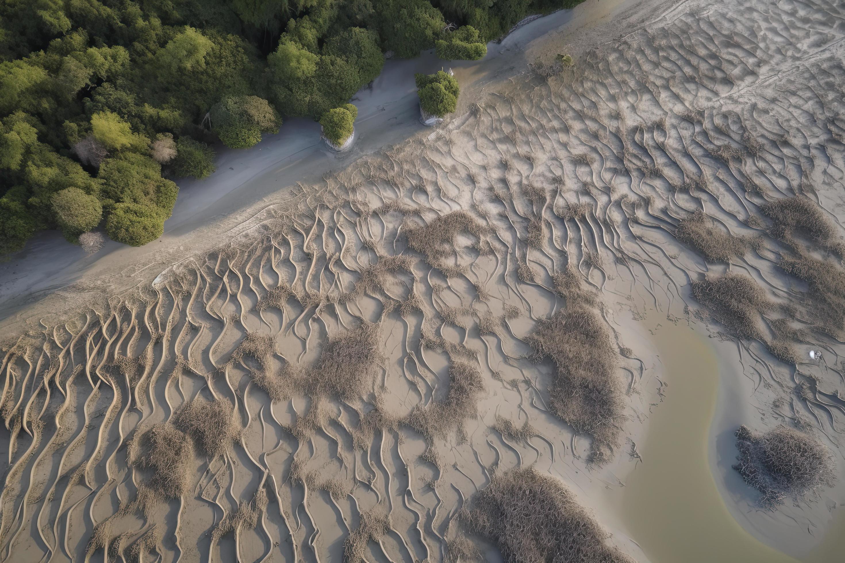 Aerial view of natural patterns in the sand at low tide near mangrove tree forest. Stock Free