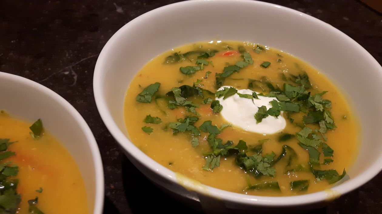 Indian lentil-pumpkinsoup with spinach Stock Free