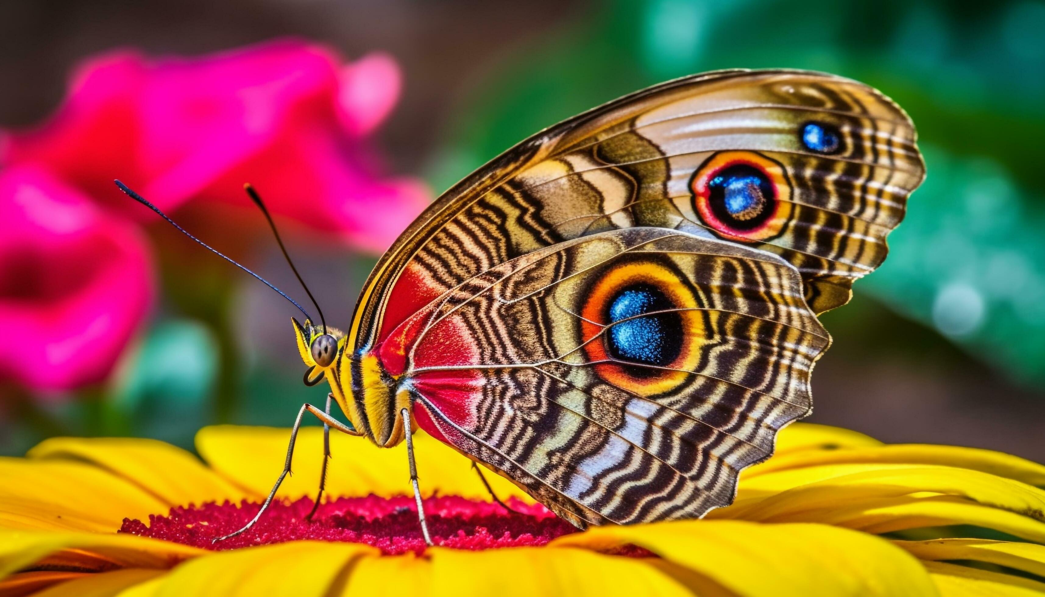 Vibrant butterfly pollinates single flower in tropical rainforest beauty generated by AI Stock Free