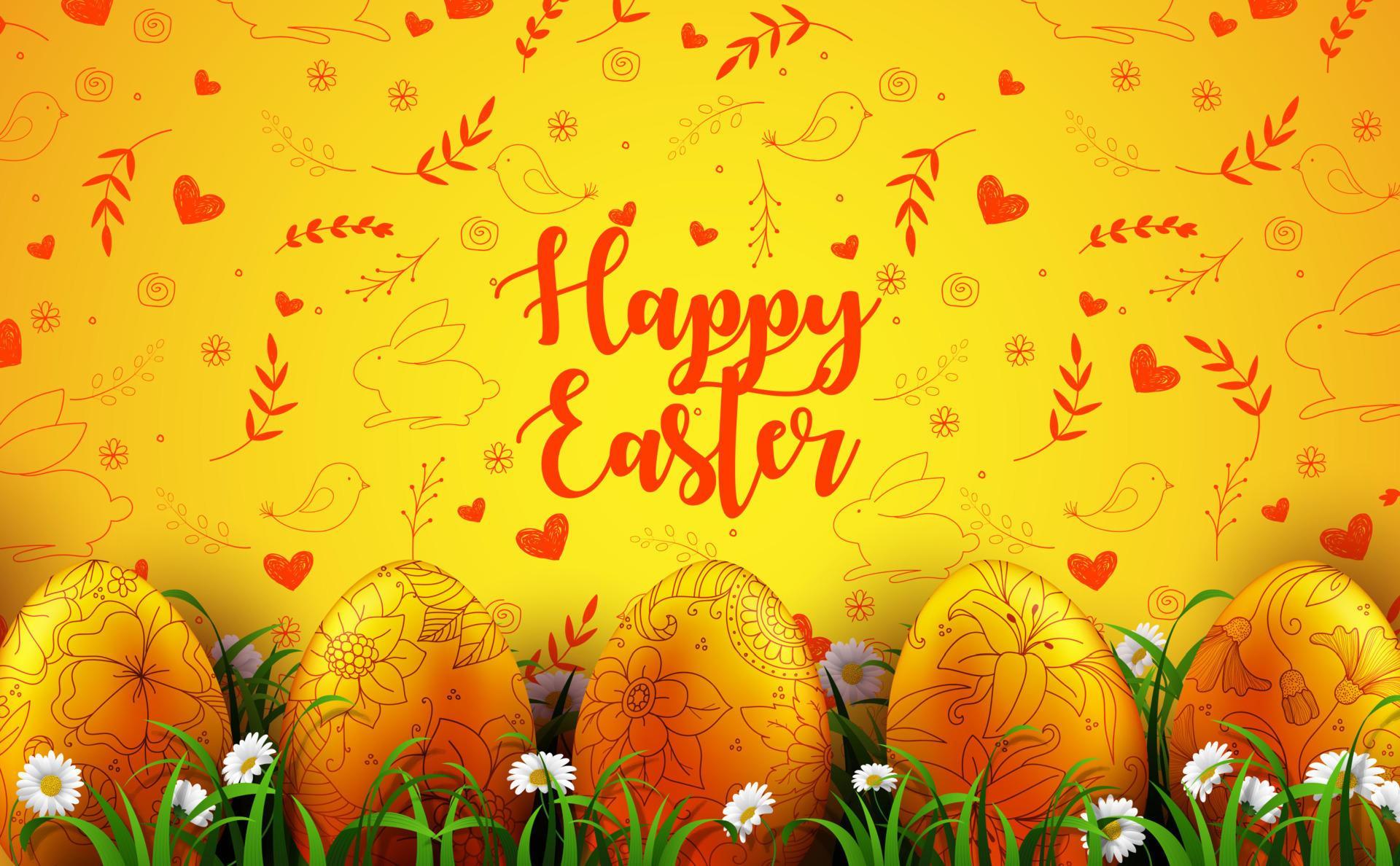 Vector illustration of Bright yellow background with realistic eggs and daisy flowers in the grass Stock Free