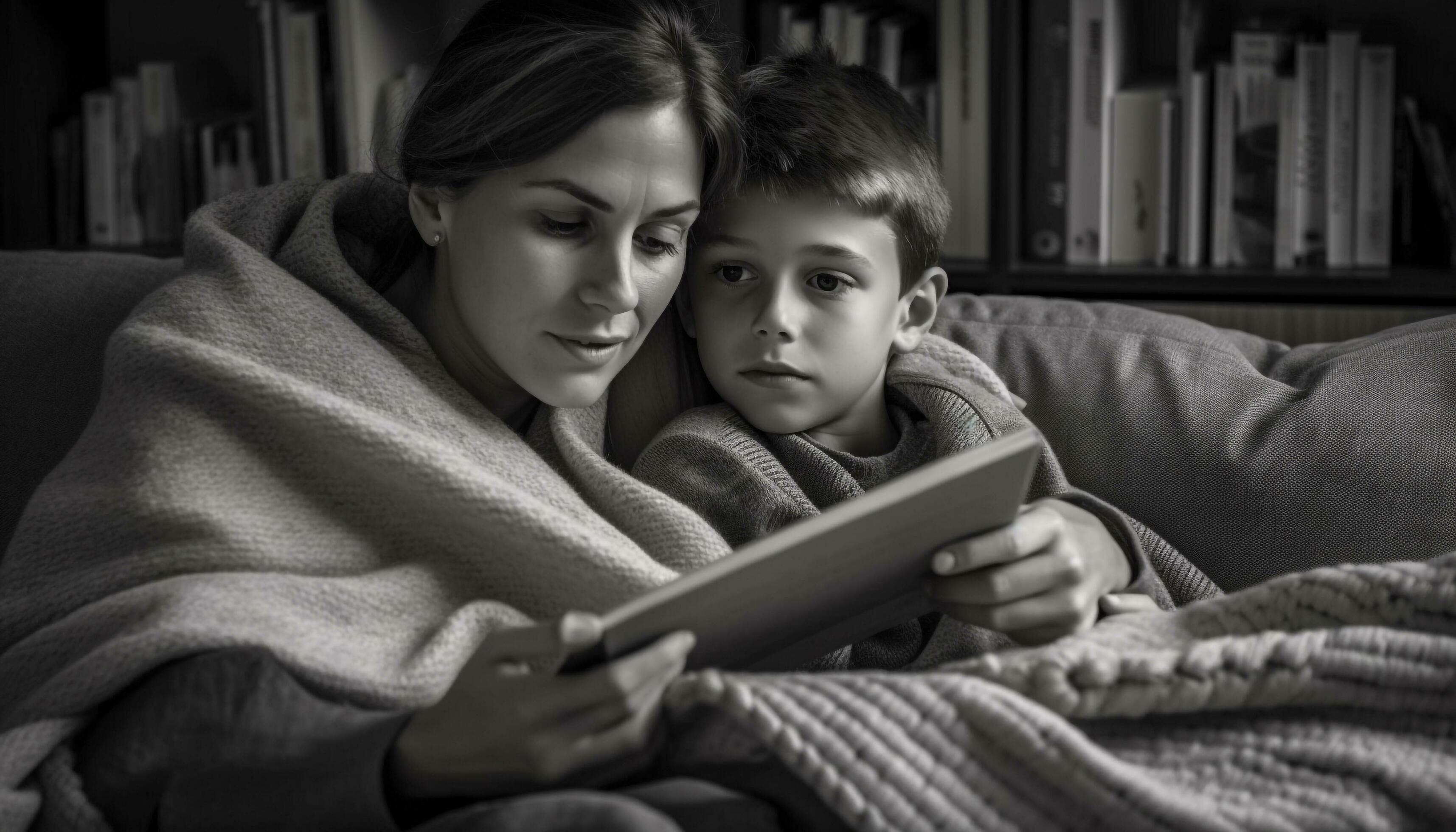 Family reading on digital tablet in comfort generated by AI Stock Free