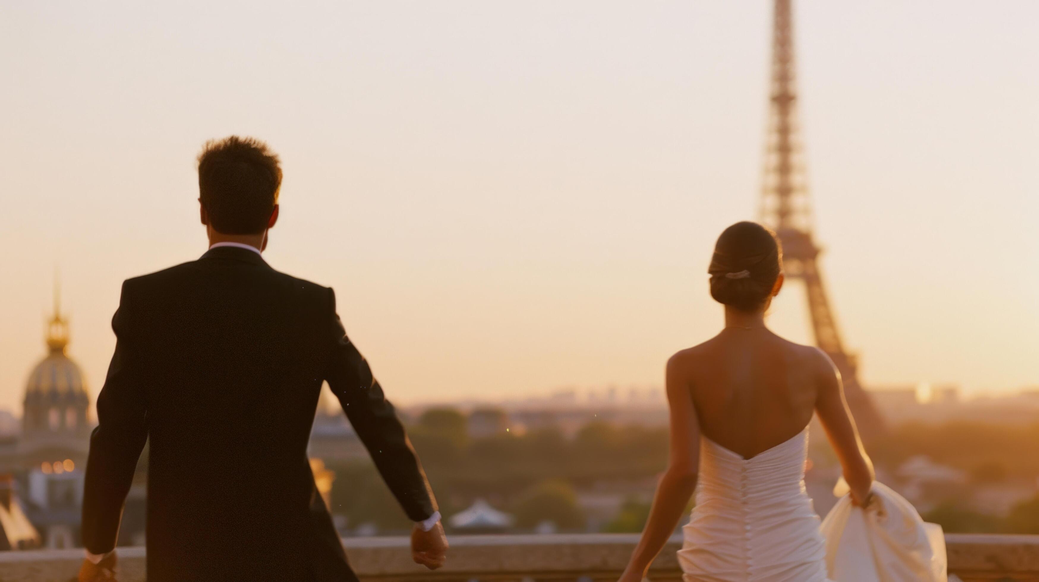 Newlywed couple in wedding attire admires the Eiffel Tower at sunset, celebrating their romantic journey in Paris. Stock Free