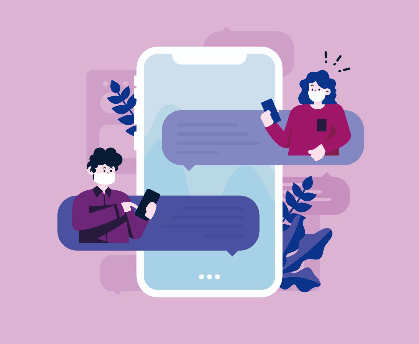 Purple design with masked people texting Free Vector