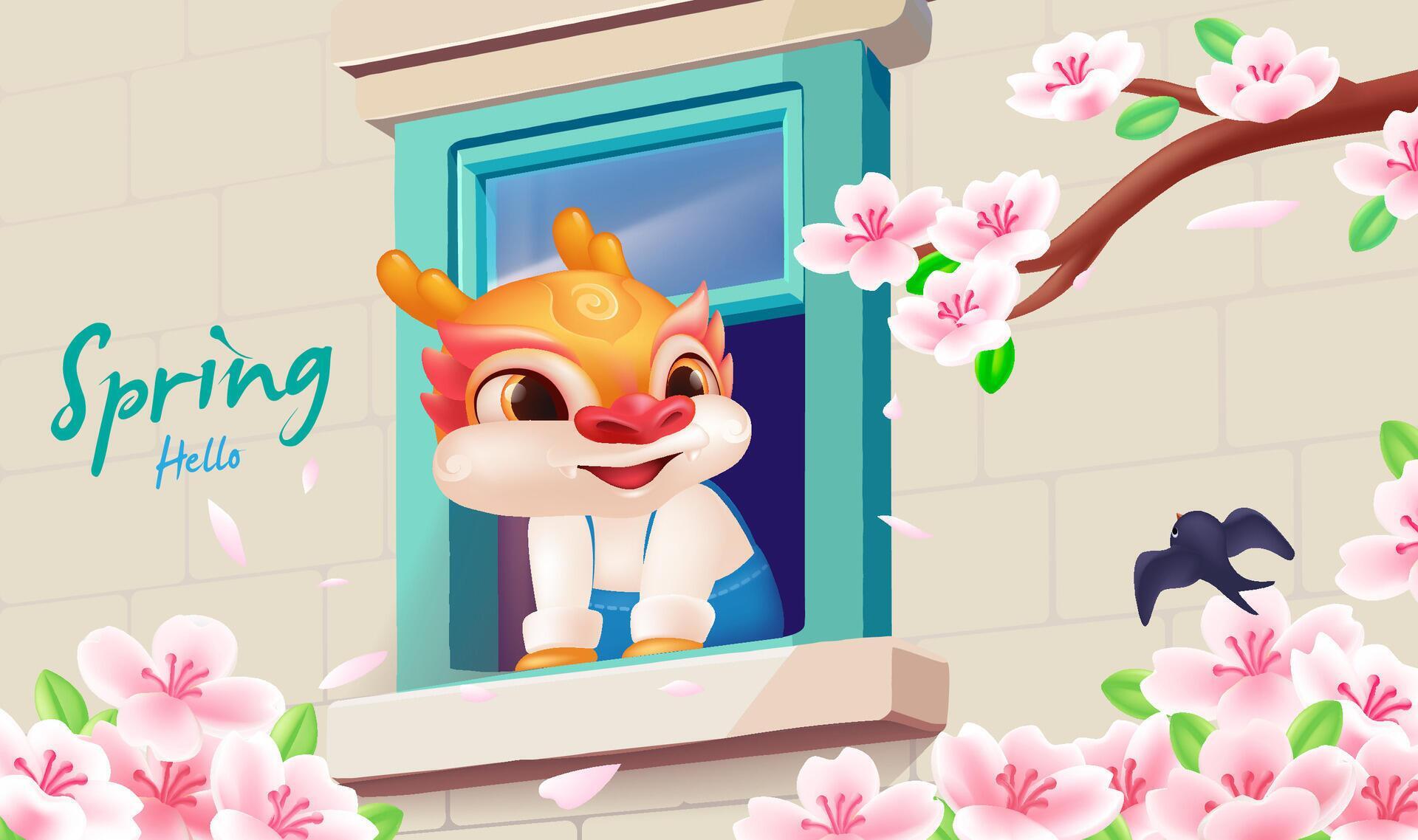 Vector Spring illustration Cute dragon enjoying pink flowers by the window Stock Free